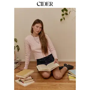 Cider [size 2-10] Knit Round Neckline Solid Texture Crop Long Sleeve Top