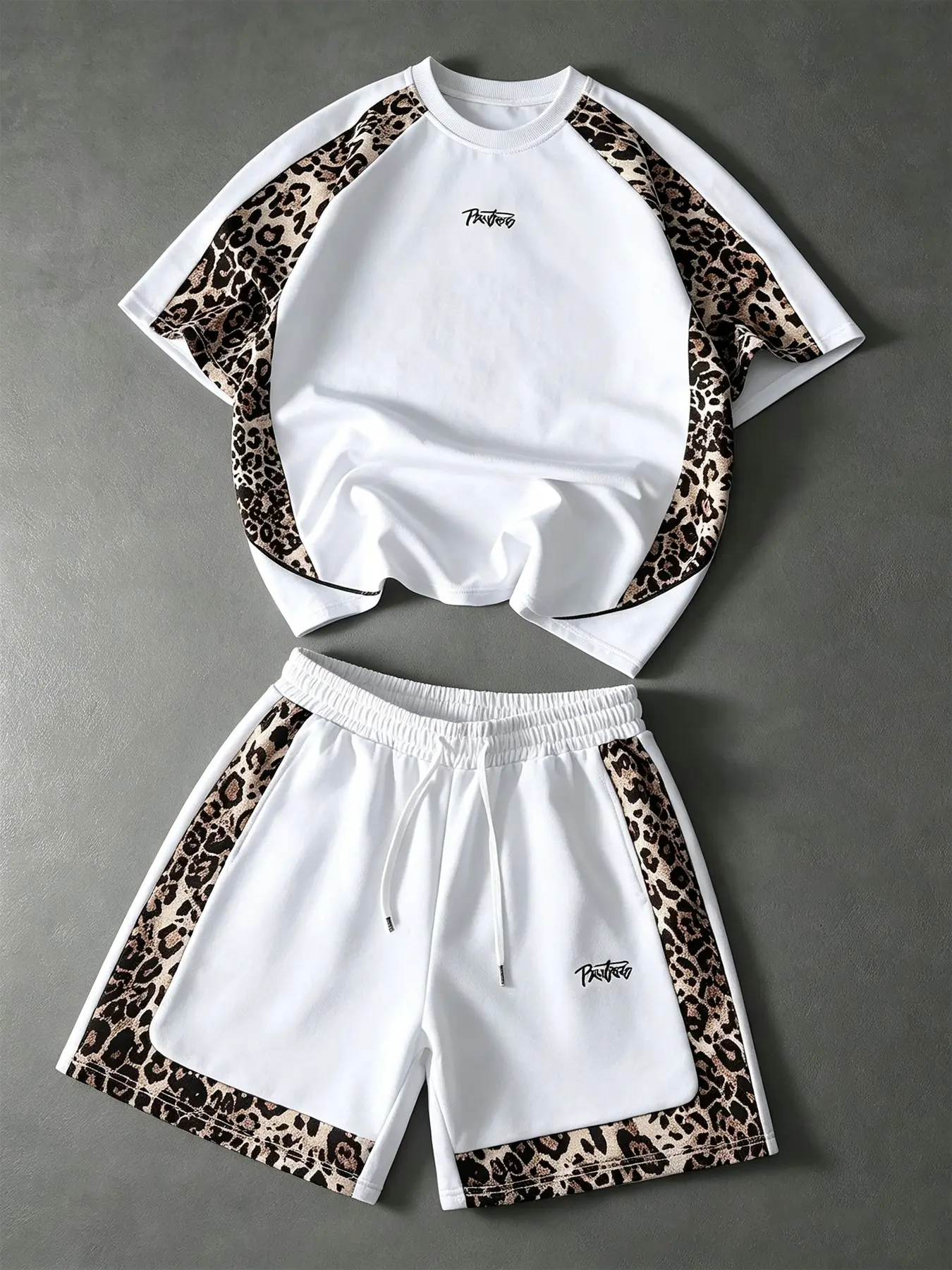 One Leopard Print Patchwork Tracksuit Set, Consisting of a Crew Neck Short-Sleeved T-Shirt and Drawstring Shorts, a Y2K Streetwear Two-Piece Set Suitable for Everyday Wear, Street Style, Sports, and Skateboarding.