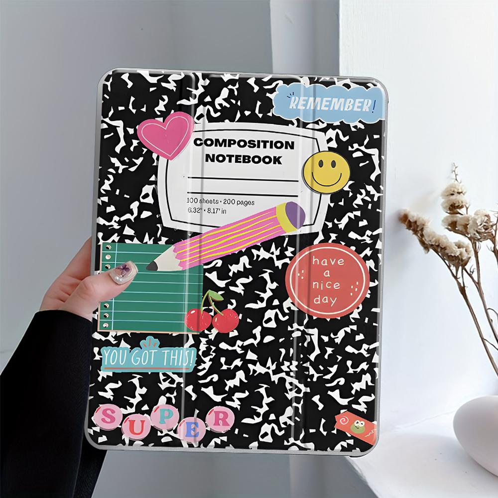 90s Retro School iPad Case with Stand and Pencil Slot,Composition Notebook & Cherry Design  Clear Acrylic Hard Back for iPad 10.2inch 2019/2021, iPad Mini, Pro, Air, Lightweight Scratch-Resistant Design Perfect for School and Home Use