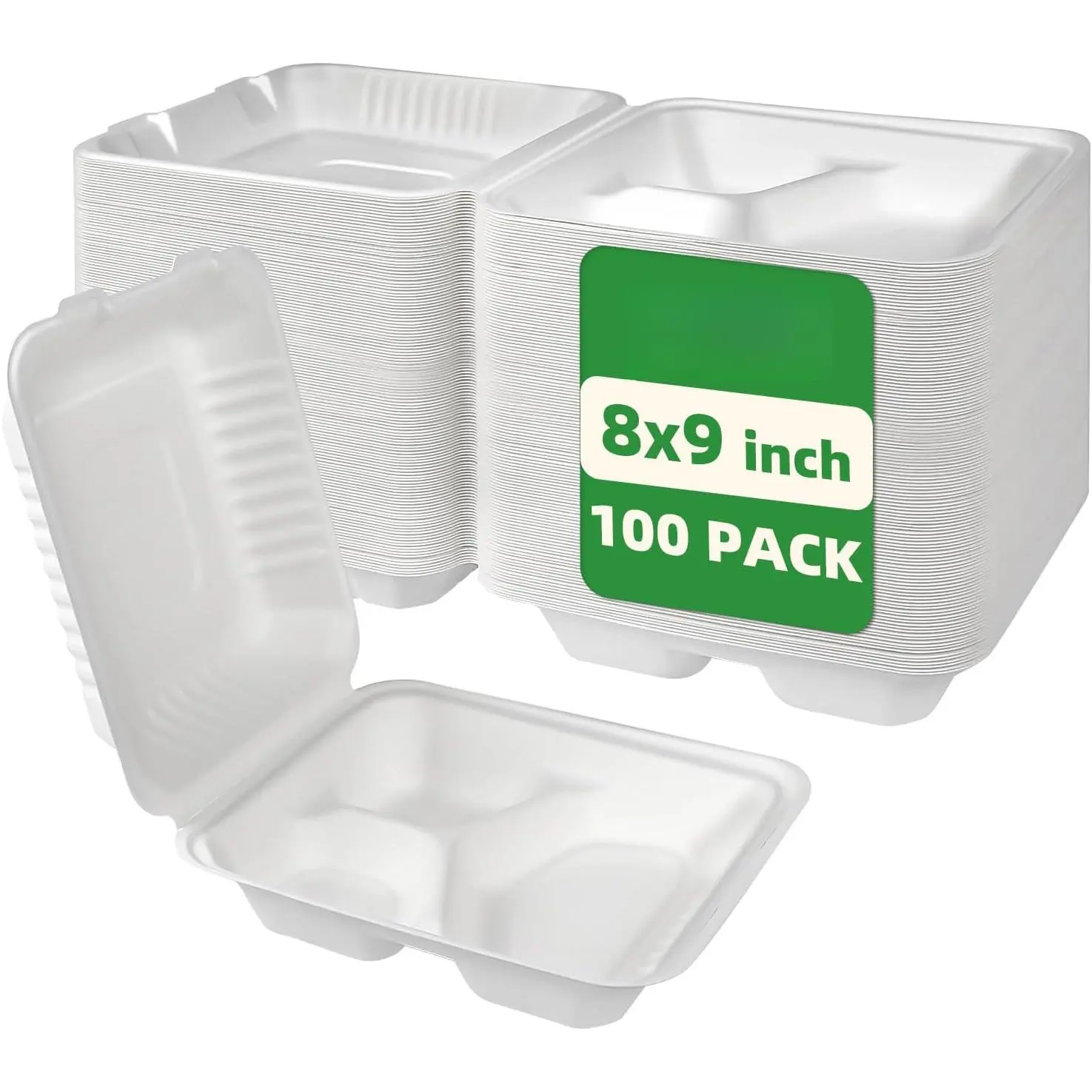 100 Pack 8*9 Inch 3-Compartment Compostable Bagasse Food Containers |   To Go Disposable Lunch Box, Eco-Friendly Biodegradable Clamshell Containers with Lids, for Meals, Takeaway, Party, Picnic