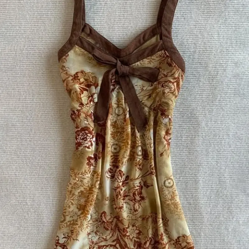 Summer French Vintage Floral Print Lightweight Mesh Stylish Spaghetti Strap Halter Top, Butterfly Knot Tie Design, Slimming Short Sleeve Upper Garment, Fashionable Women's Clothing