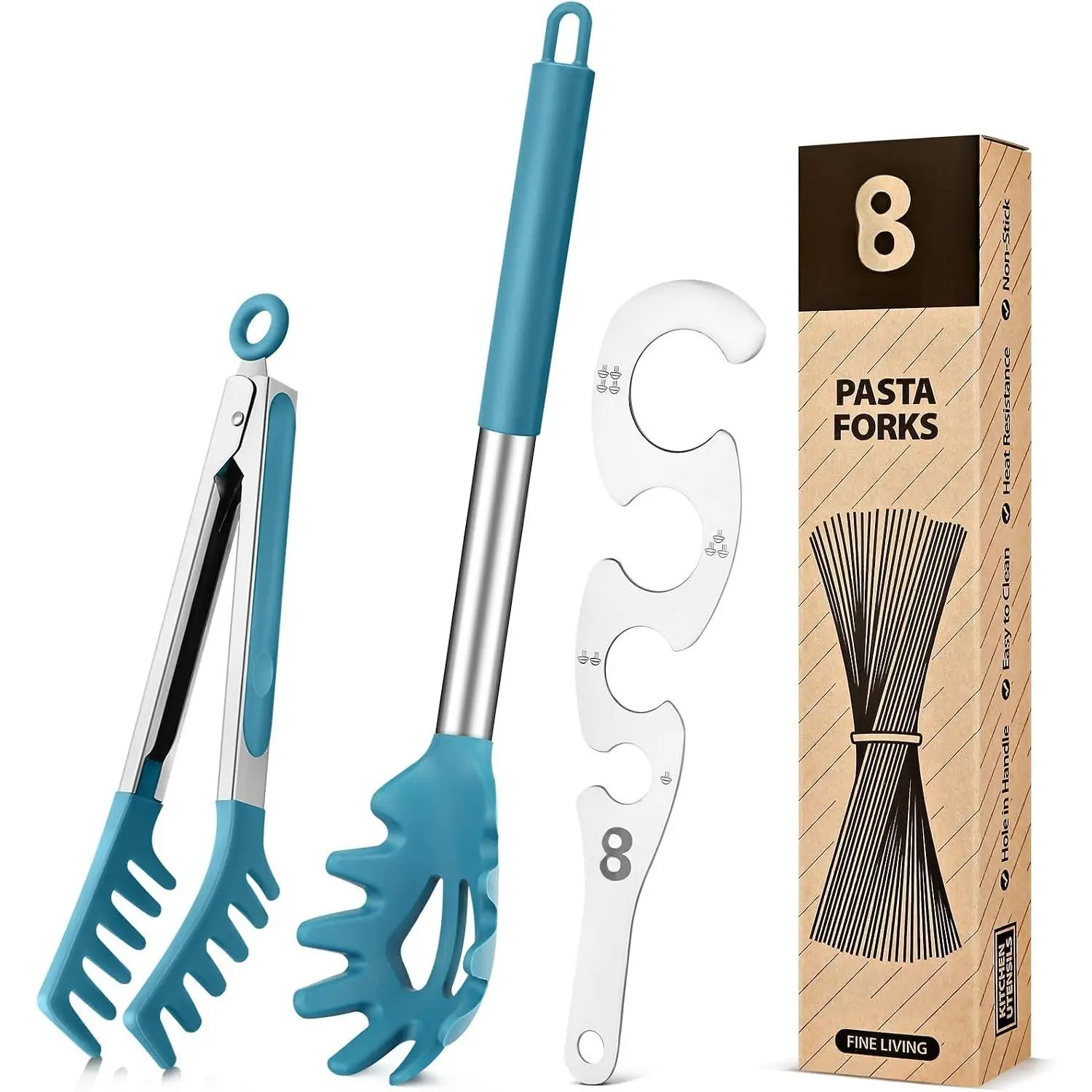 Spaghetti Spoon & Pasta Tong With Pasta Measurer, 3 Pack of Non-Stick Stainless Steel Handle Pasta Fork Set with ,  Clip for Easy Serving of Noodles (BLUE)