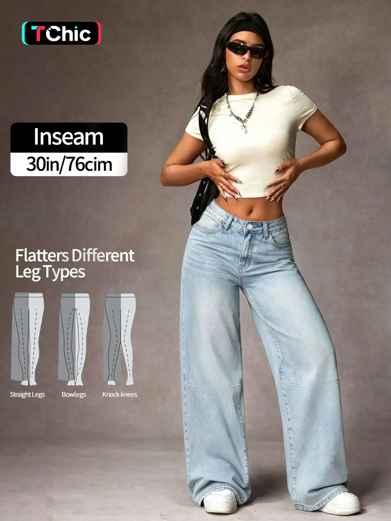 Women Mid Rise Wide Leg Jeans, Vintage Washed Baggy Loose Denim Jeans, Y2K Streetwear, Floor Length Trousers with Pockets