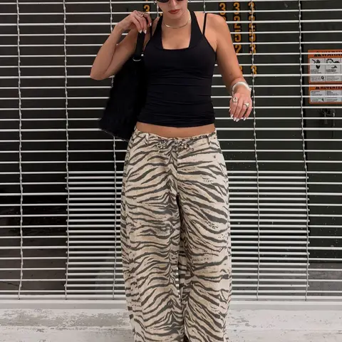 Women's Animal Print Wide Leg Pants, Summer Mid Waist Baggy Trousers, Elegant Casual Elastic Waistband Streetwear for Holiday Bottoms