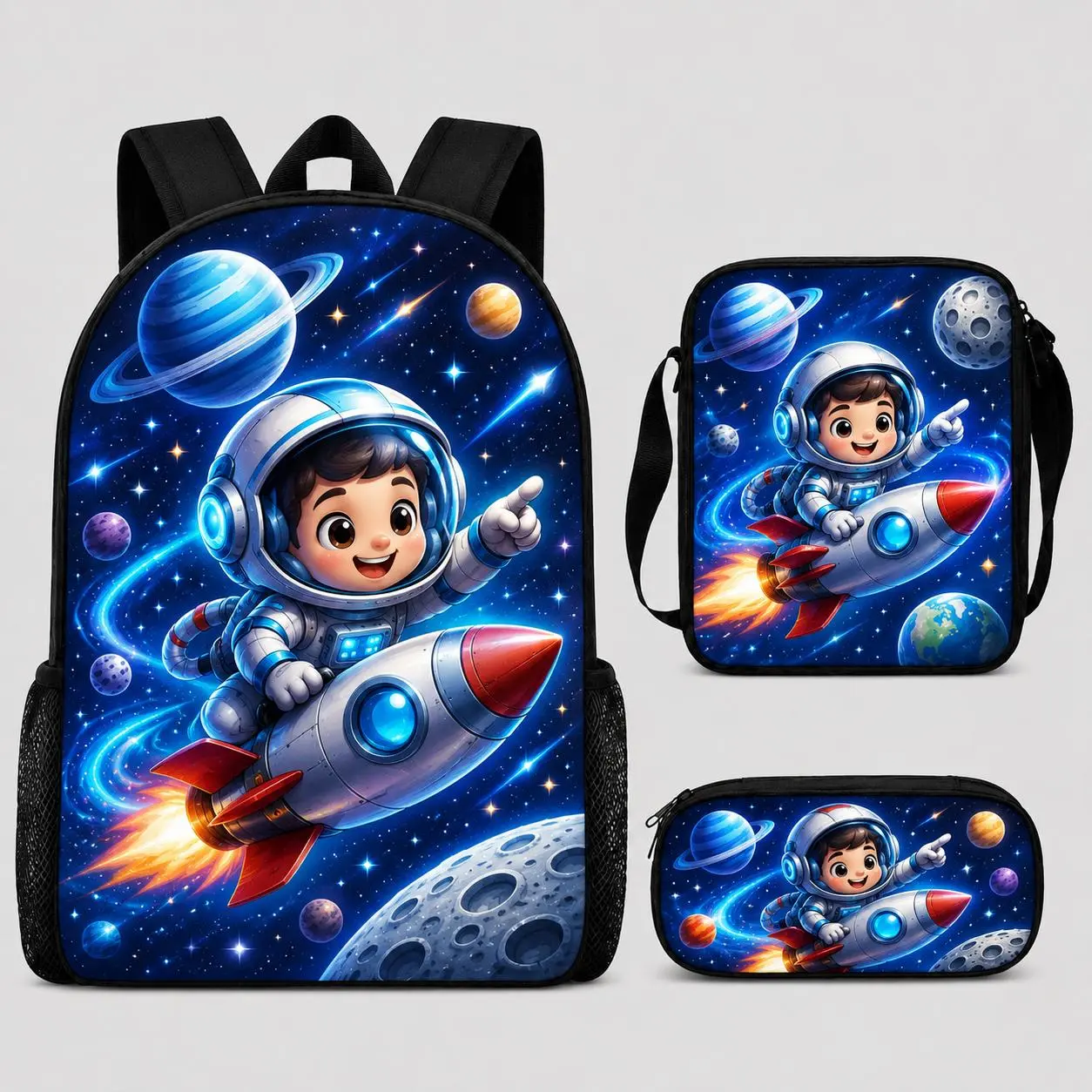 3-Piece Space Rocket & Astronaut Backpack Set: High-Capacity School/Travel Backpack, Insulated Lunch Bag, and Pencil Case.