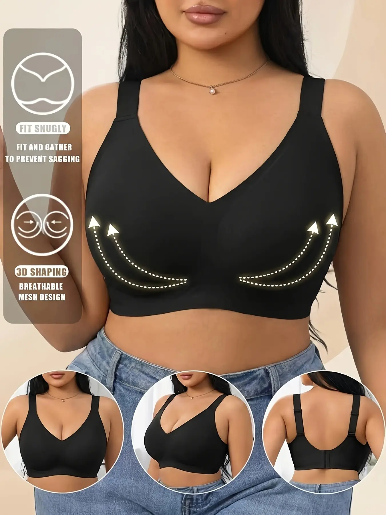 Plus Size Seamless Bra Without Underwire, Push-Up Soft Support V-Neck Bra, Wide Straps Design, Comfortable Single Piece