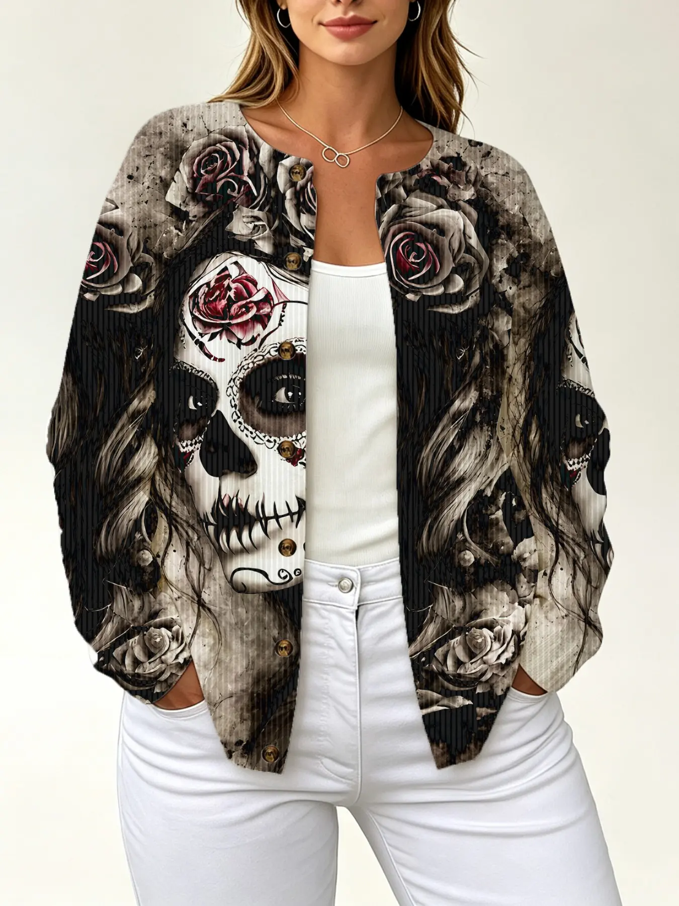 Women's Halloween Skull Rose Print Knit Cardigan, Round Neck Single Button Gothic Style Long Sleeve Sweater Coat, Casual Loose-Fitting