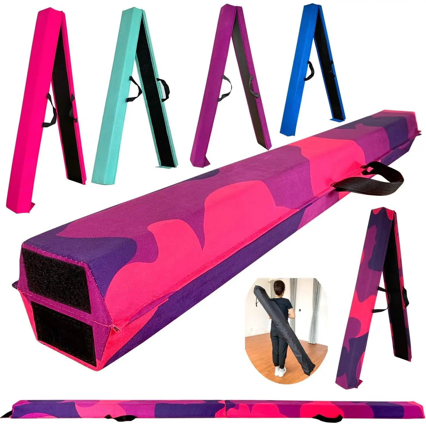 Folding Suede Gymnastics Beam, 6ft Length Balance Beam for Kids' Home Exercise, Extra Firm Foam with Anti-Slip Surface & Carry Bag, All Age Kids, Durable, Folding Balance Beam Pad, No Fading Suede