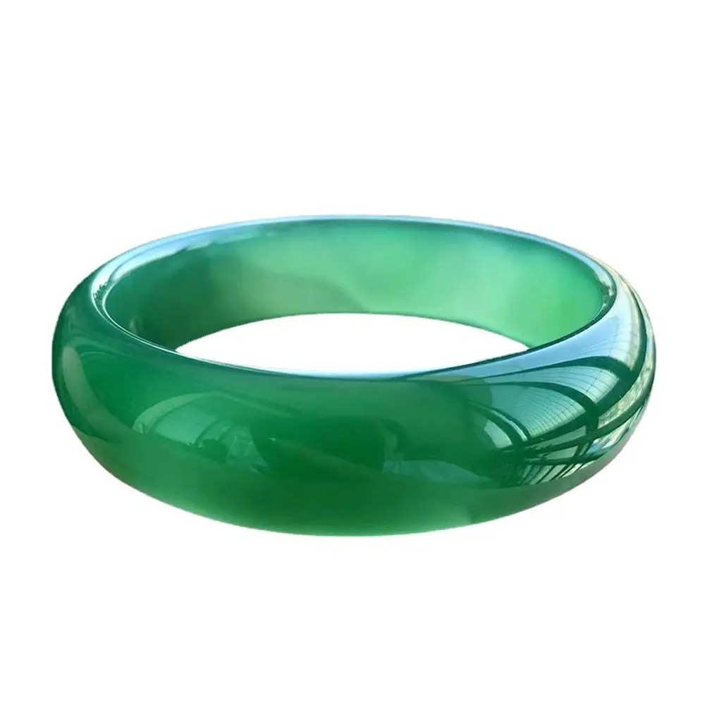Icy Translucent Imperial Green Chalcedony Wide & Thick Bangle, Full Green Agate Bracelet, Women's Jade Bangle Jewelry Gift