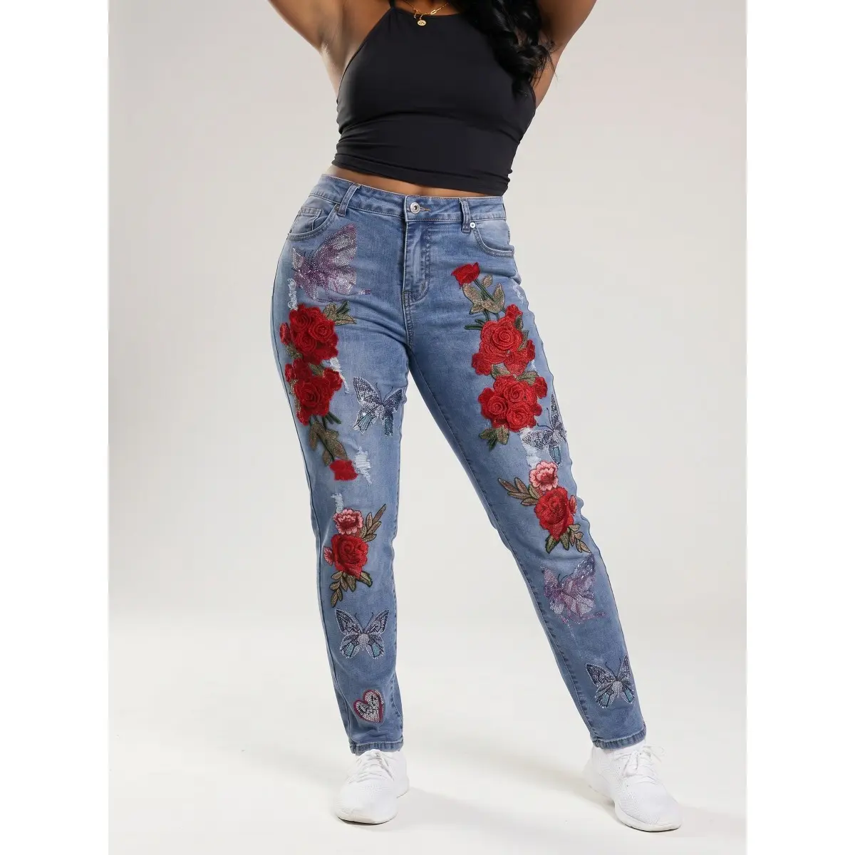TCH - Aesthetic Floral & Butterfly Embroidery Jeans | High Waisted Slim Denim Pants Cute Coquette Streetwear