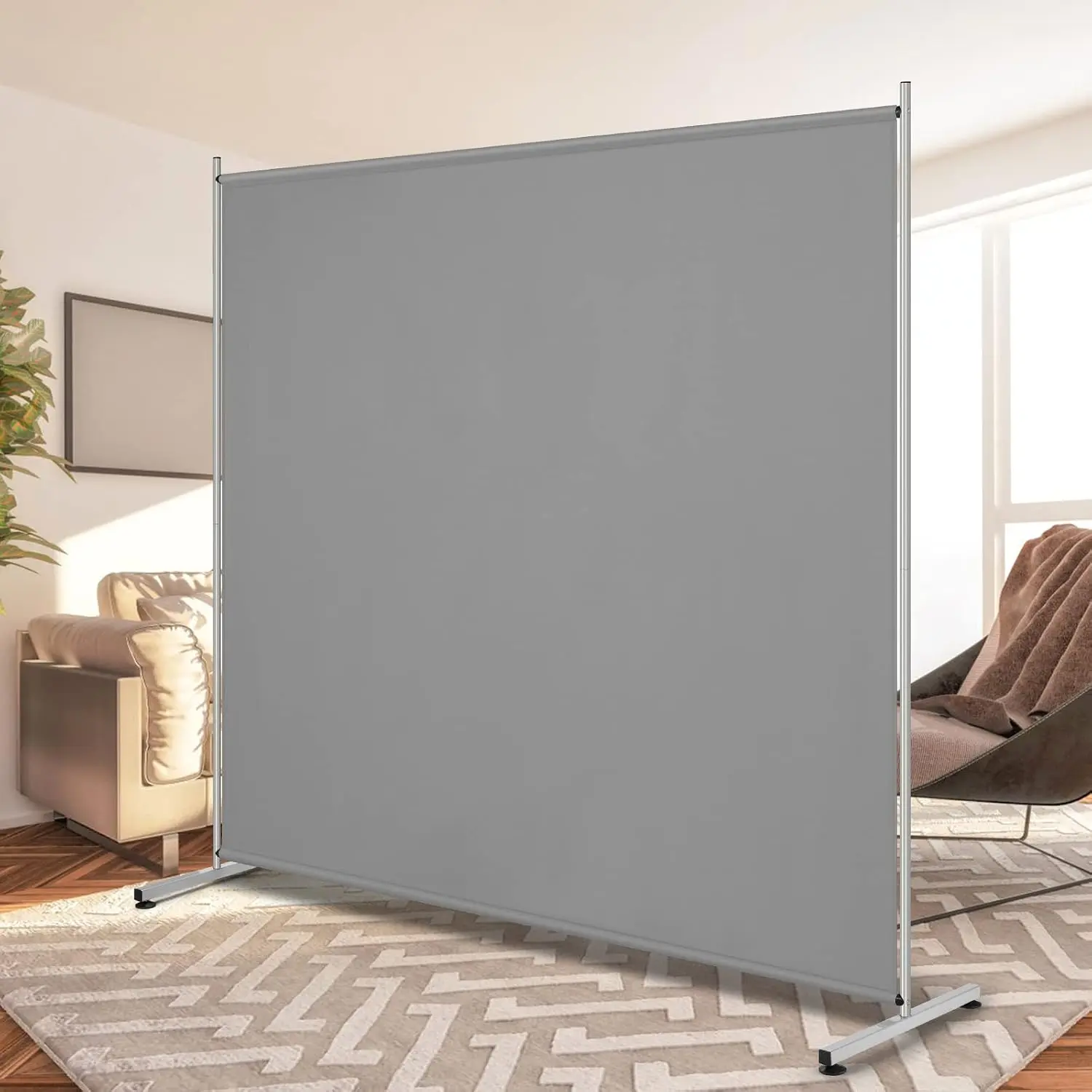 Modern Single Large Panel Room Divider - Synthetic, Easy Install, Steel Frame, UV Protected Freestanding Partition Separator for Office, 71''W x 69.5''H, Grey