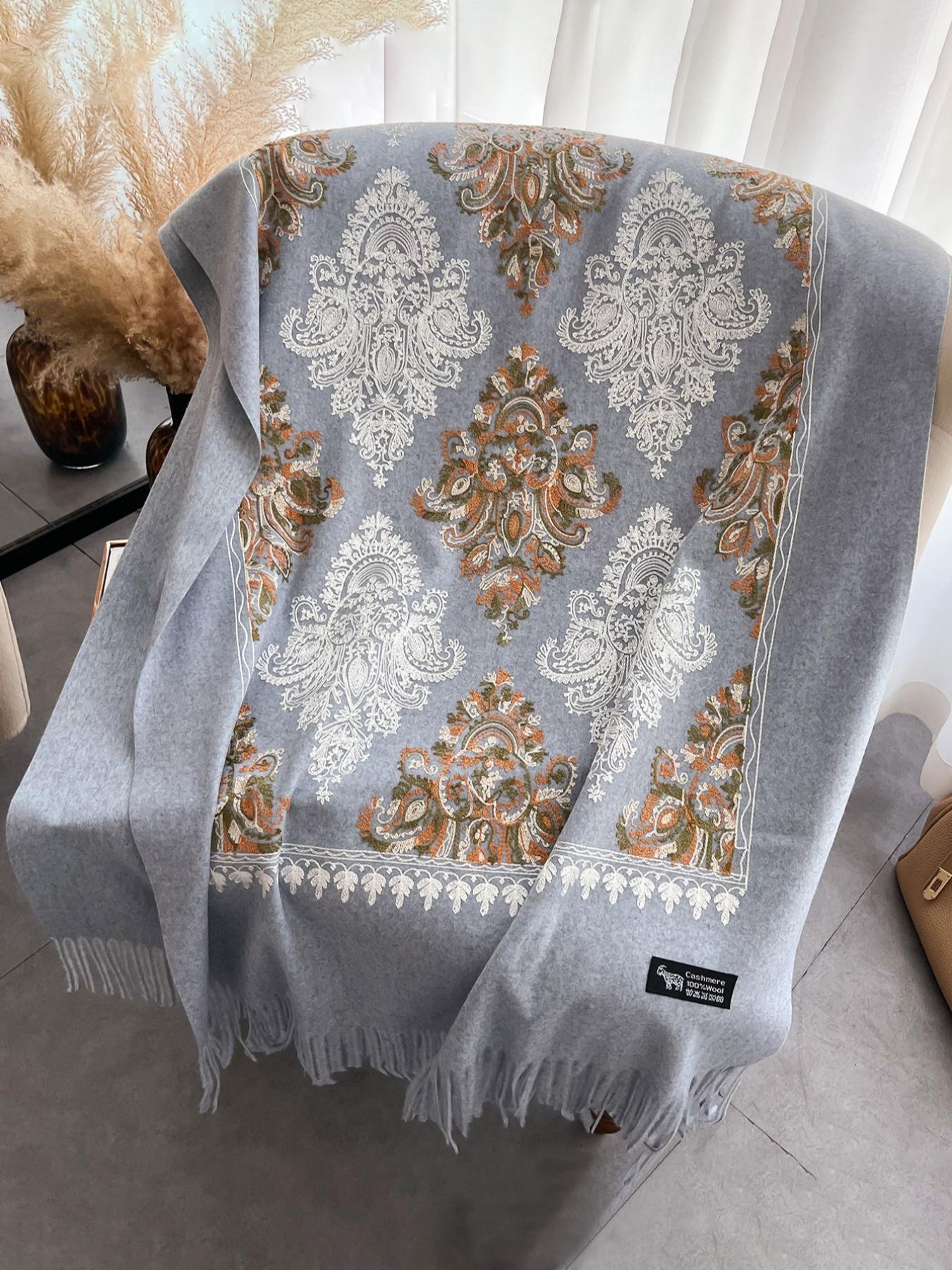 Boho Style Floral & Paisley Embroidery Tassel Decor Shawl, Trendy Casual Soft Warm Double Sided Scarf for Fall & Winter, Fashion Accessories for Women & Men