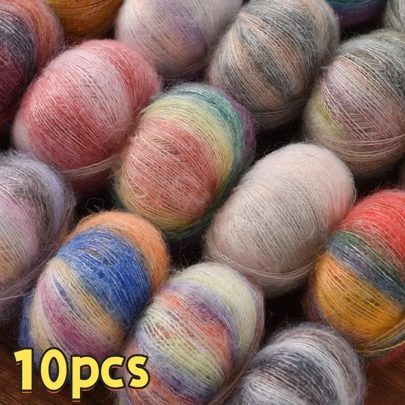 10 Skeins Gradient Mohair Silk Yarn - Rainbow Hand Knitting Wool for Scarf Hat Shawl, Luxury Chunky DIY Craft Supply, Diy Knitting Supplies