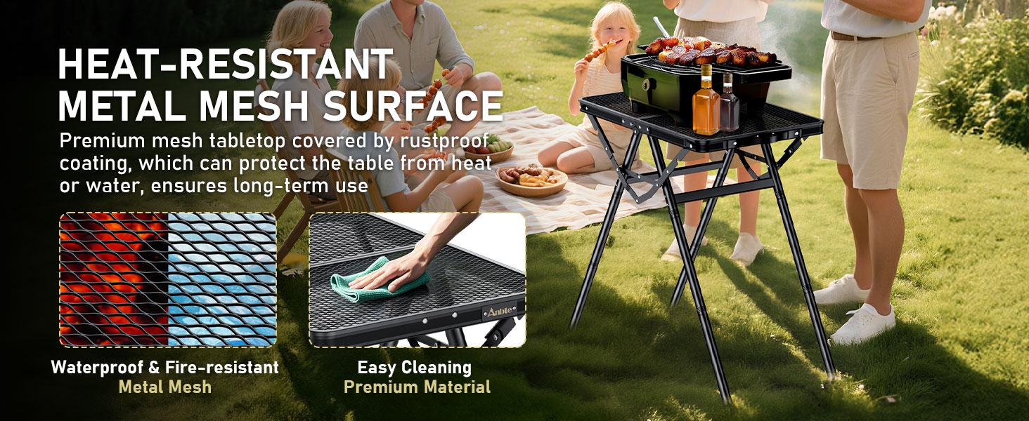 Anbte 2ft Folding Grill Table, Supports 180 Lbs, 2 Adjustable Height 28” Portable Grill Table Heat-Resistant Tabletop, Folding Metal Table for Camping BBQ Cooking Backyard Outdoor, 24" X 16", Black