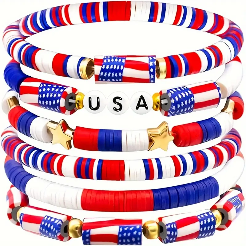[Patriotic Bracelet Set] Red, White And Blue Bracelets, American Flag Bracelets, Patriotic Beaded Stackable Bracelets, Summer Beach Waterproof Surfer Bracelet Set, Great Patriotic Accessory Gift For Mom, Sister, Wife, Girlfriend, Teenage Or Yourself!