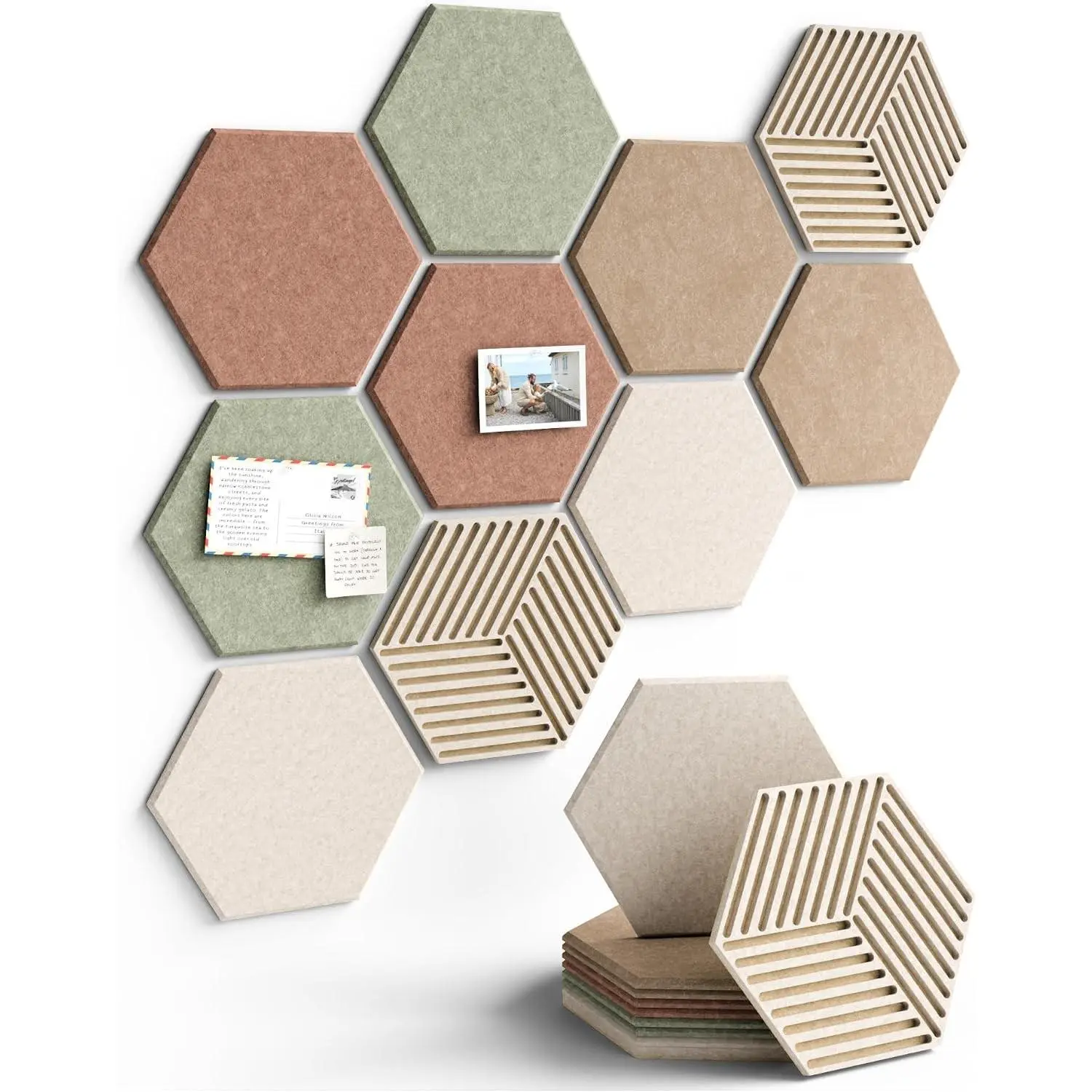 10-Pack Hexagon Felt Bulletin Board Tiles, Boho Cork Board Alternative with 50 Adhesive Tabs for Vision Boards and Wall Decor in Homes, Offices, Classrooms, and Dorms