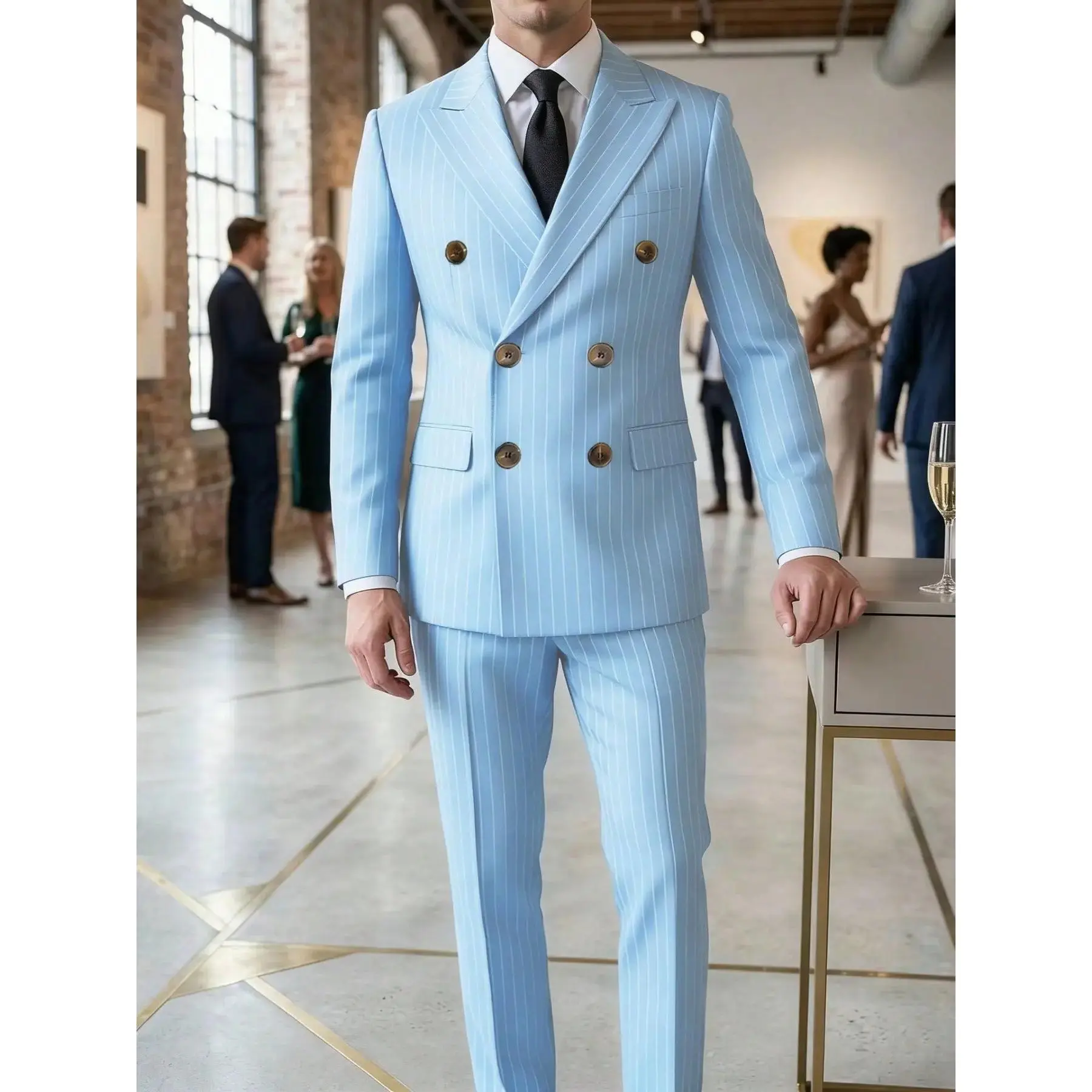 Men's 2-Piece Blazer Set, British Style Striped Double-Breasted Suit Jacket and Pants, Business Casual, Pinstripe Suit, Classic, Business Attire Clothes, Wedding Party, Evening Event