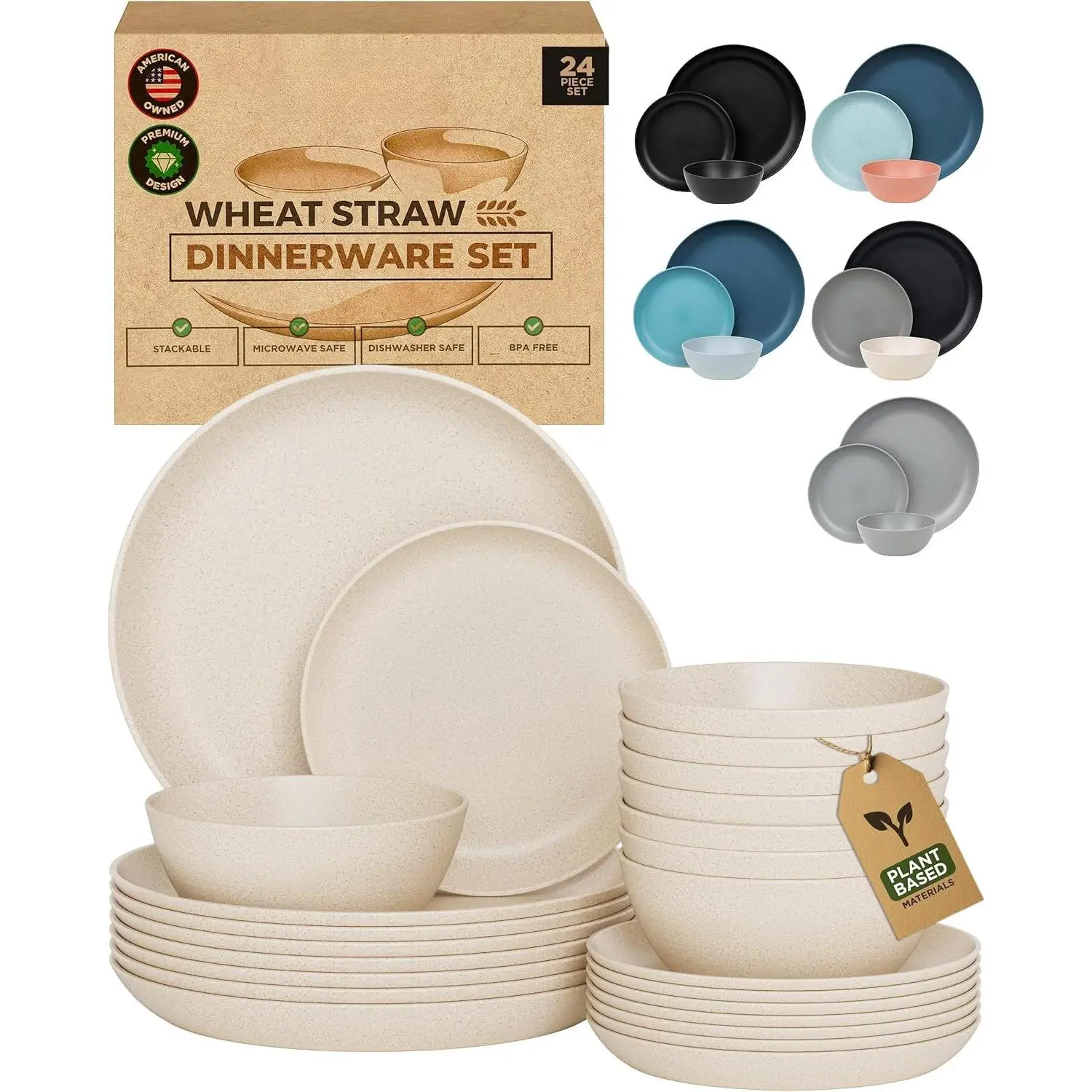 24-  Wheat Straw Dinnerware Sets for 8 - Unbreakable Dishwasher & Microwave Safe Plastic Plates and Bowls Sets - Patio, Outdoors, RV, Camping Dishes - Sahara