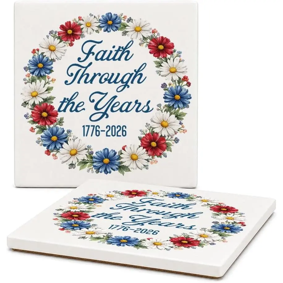 2 count Faith Through the  1776-2026 Ceramic Coasters for Women | Patriotic Christian Gifts, Absorbent Stone Coasters Drink Coaster for   Decor, 4th of July Gifts