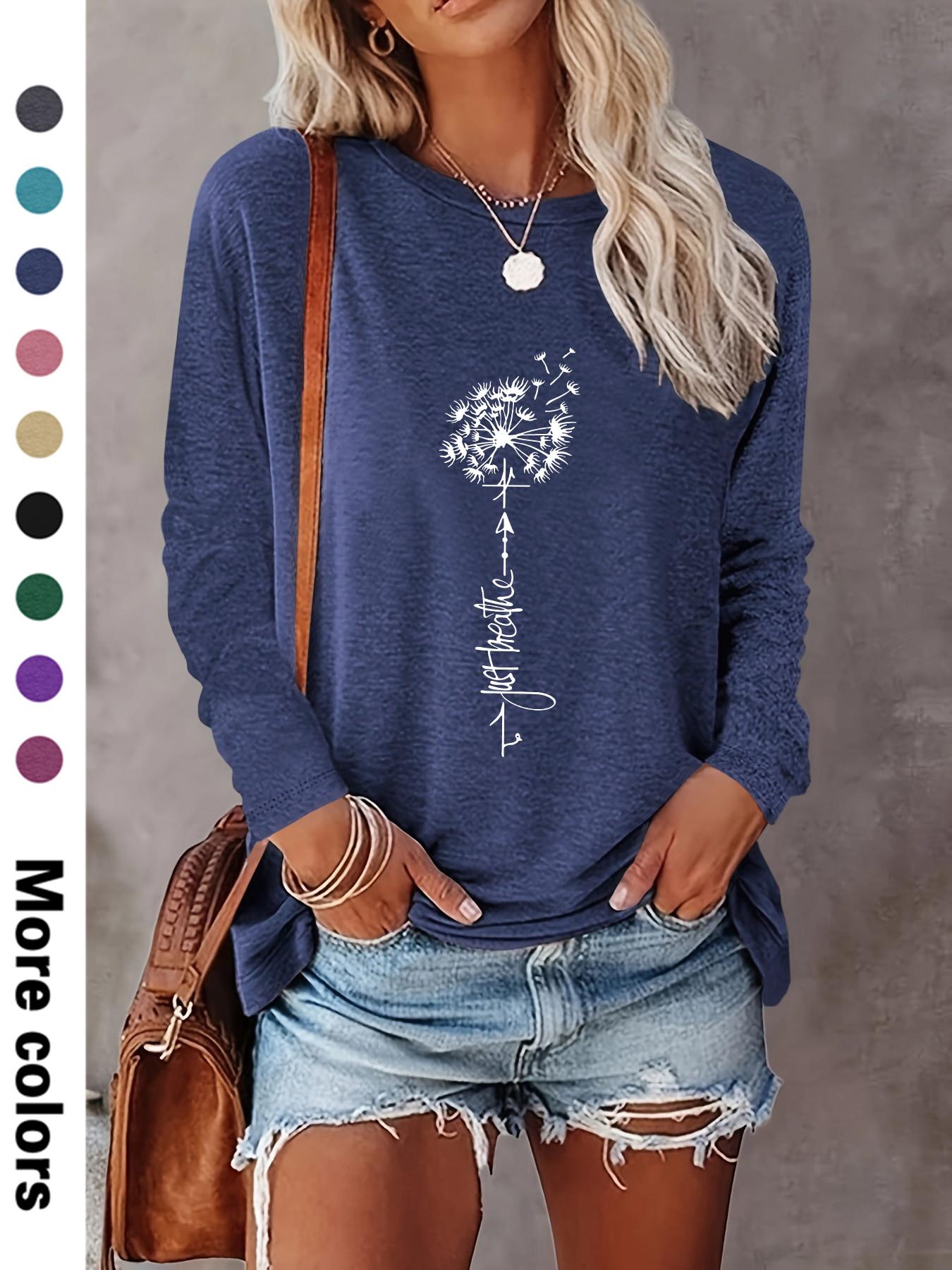 Women's Floral & Letter Print Crew Neck Tee, Fashion Casual Fitted Long Sleeve T-shirt for Daily Outdoor Wear, Ladies Clothes for Spring & Fall