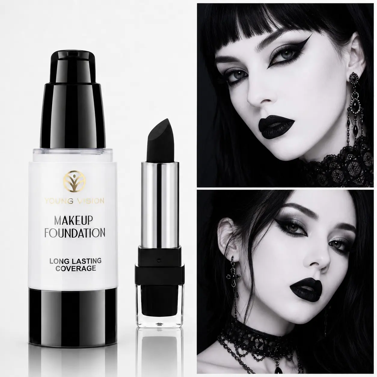 YOUNG VISION Gothic Dark Makeup Set, Long-Lasting Foundation, Matte Lipstick, Halloween Cosplay Stage Effects Makeup