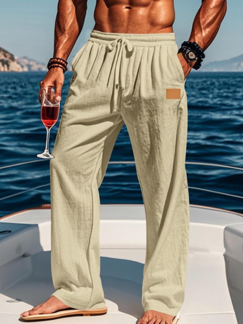 Men's Solid Color Linen Pants, Loose Casual Comfy Breathable Trousers, Casual Beach Pants for Vacation Holiday, Men Bottoms for Summer