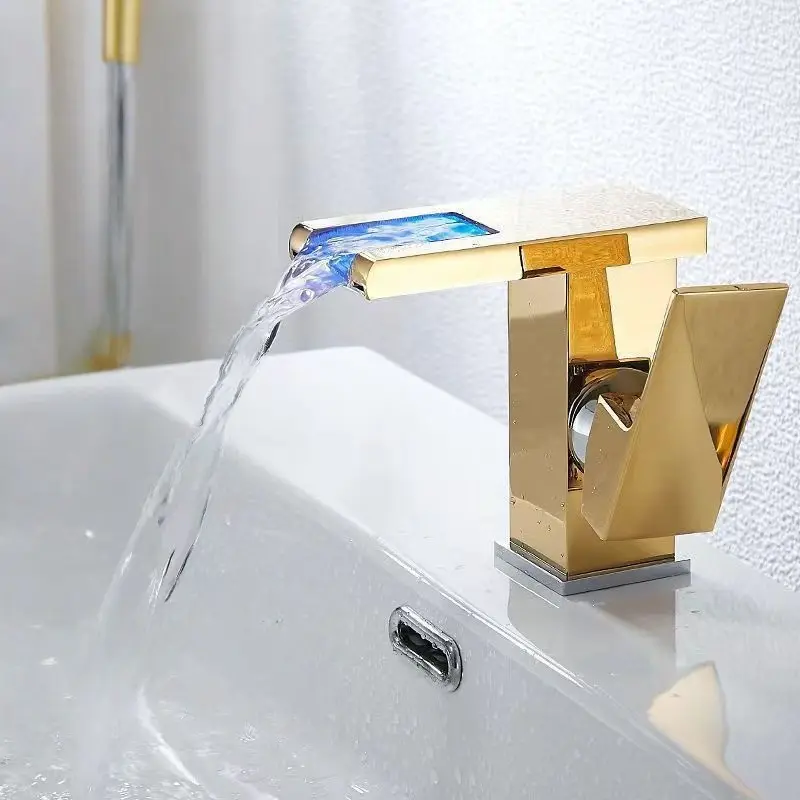 Waterfall Bathroom Faucet with LED Light, Single Hole, 3 Color Changes, Waterfall Sink Tap, Modern Design, Easy Installation
