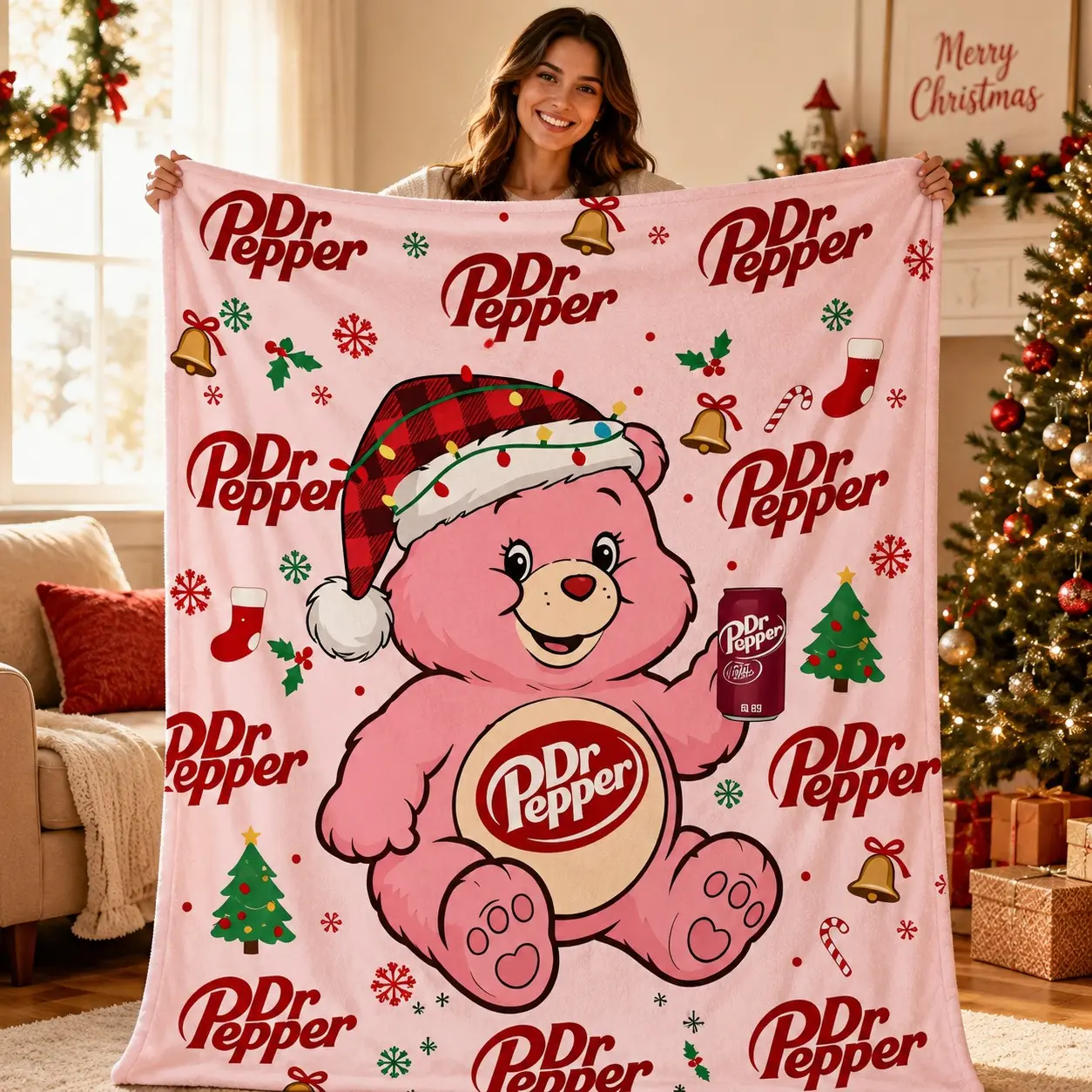 Dr pepper Christmas Bear Flannel Blanket, Pink Fleece Throw with Holiday Bear Design, Santa Hat, Snowflakes, Christmas Tree, Bell and Soda Inspired Pattern, Cute Festive Graphic Blanket for Sofa, Bed, Office, Camping, Travel, Christmas Birthday Gift