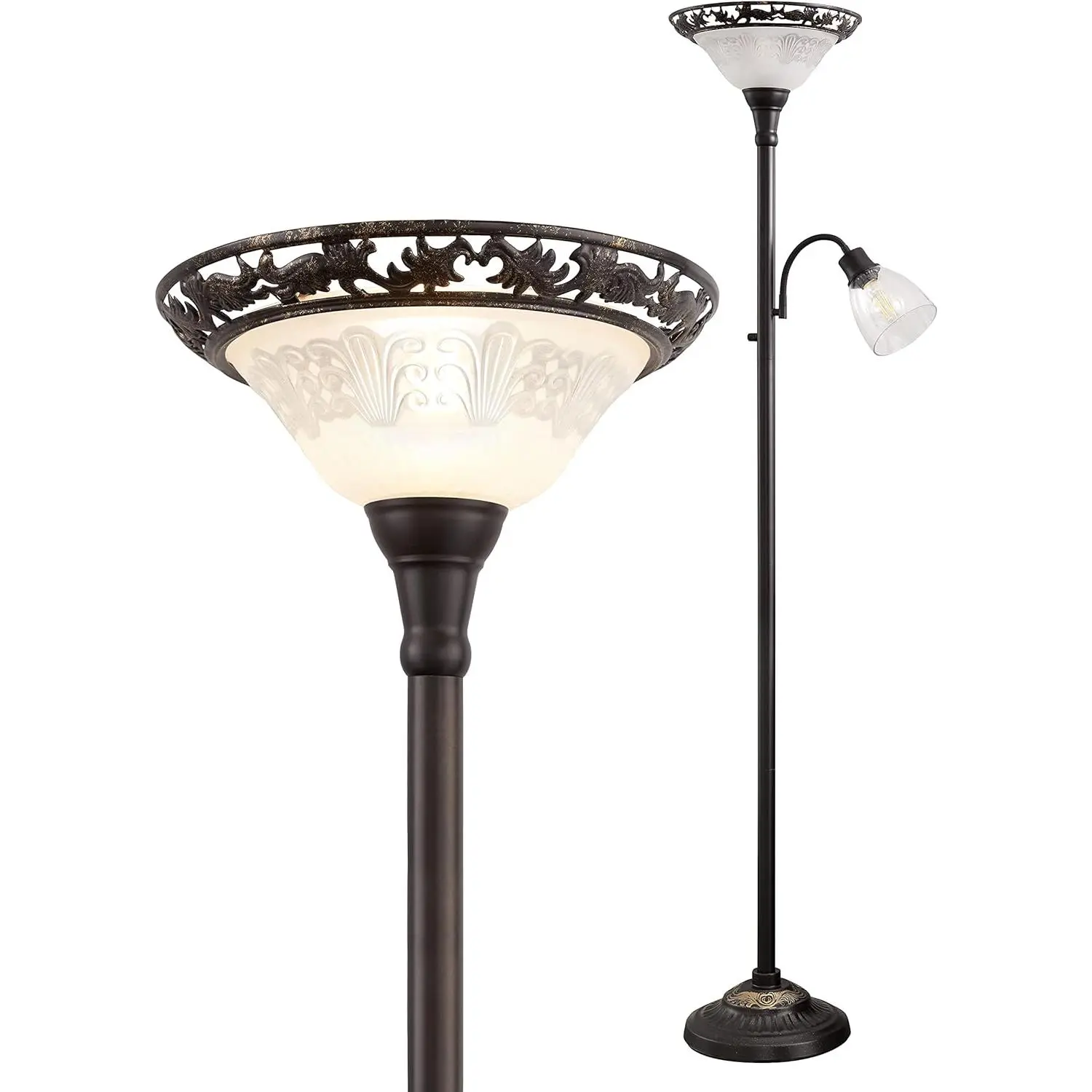 70" Floor Lamp Standing Torchiere Lamp with Etched Glass Shade, Metal Pole & Heavy Base, Vintage Tall Corner Lamp Decor for Bedroom, Living Room, Office. No Bulbs (2 Head)