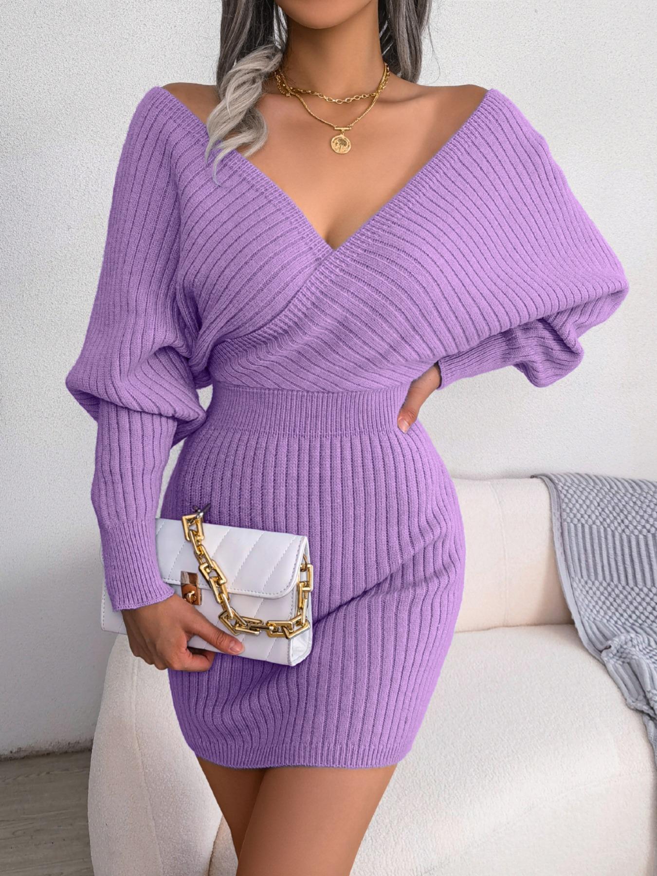 Women's Plain Wrapped V Neck Leg-of-mutton Sleeve Sweater Dress, Slim-fit Long Sleeve Bodycon Jumper Dress, Womenswear