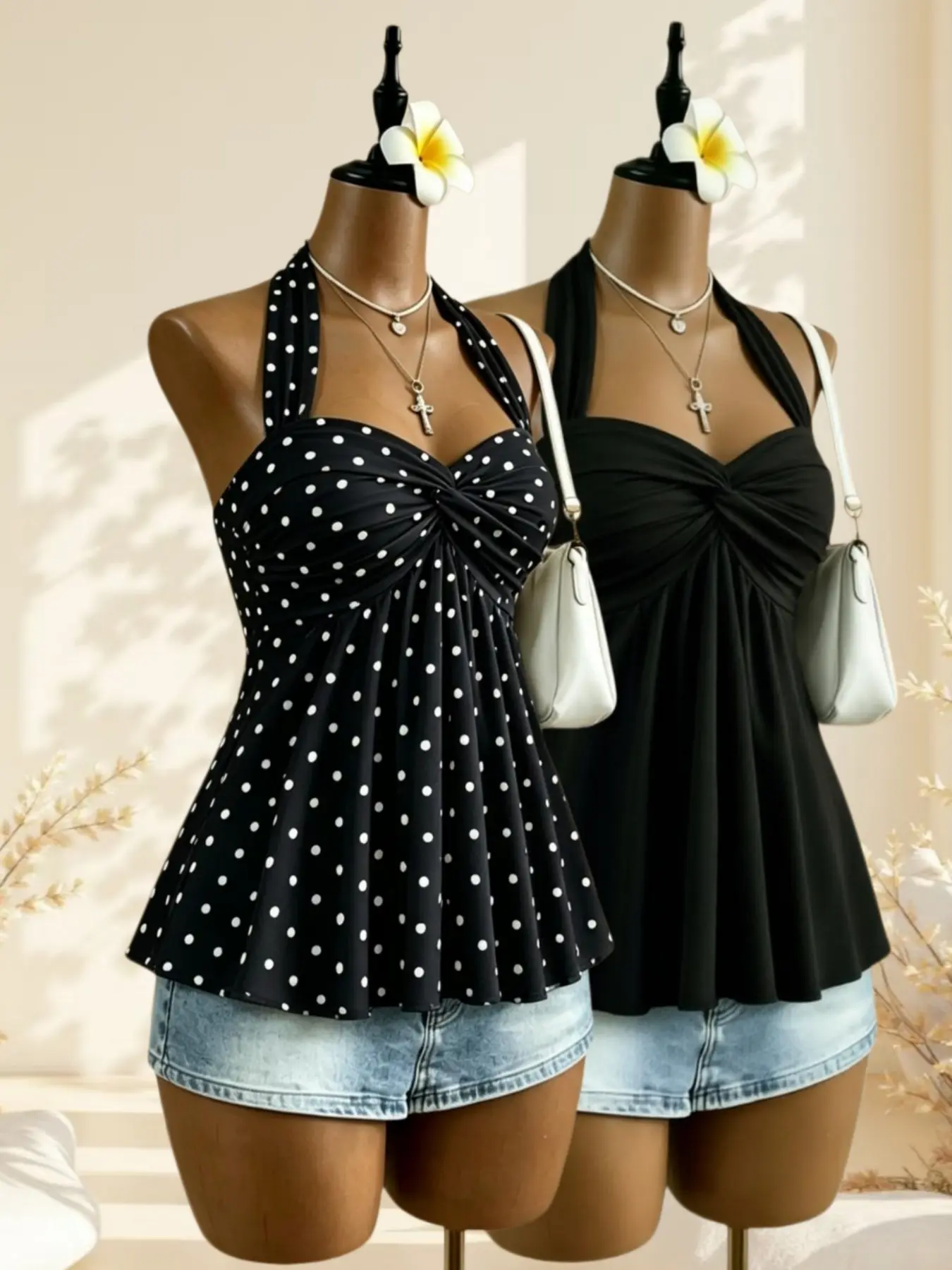Light Mature Pure Desire Summer Halter Neck Knot Pleated Top, Ruffle Hem Conceal Fat Slimming Elegant Chic Women's Sleeveless Vest Camisole Tank Top Shirts Set of Two