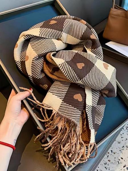 Plaid & Heart Pattern Tassel Decor Scarf, Elegant Soft Warm Thick Shawl for Women & Men, Fashion Accessories for Fall & Winter, Checkered Scarf