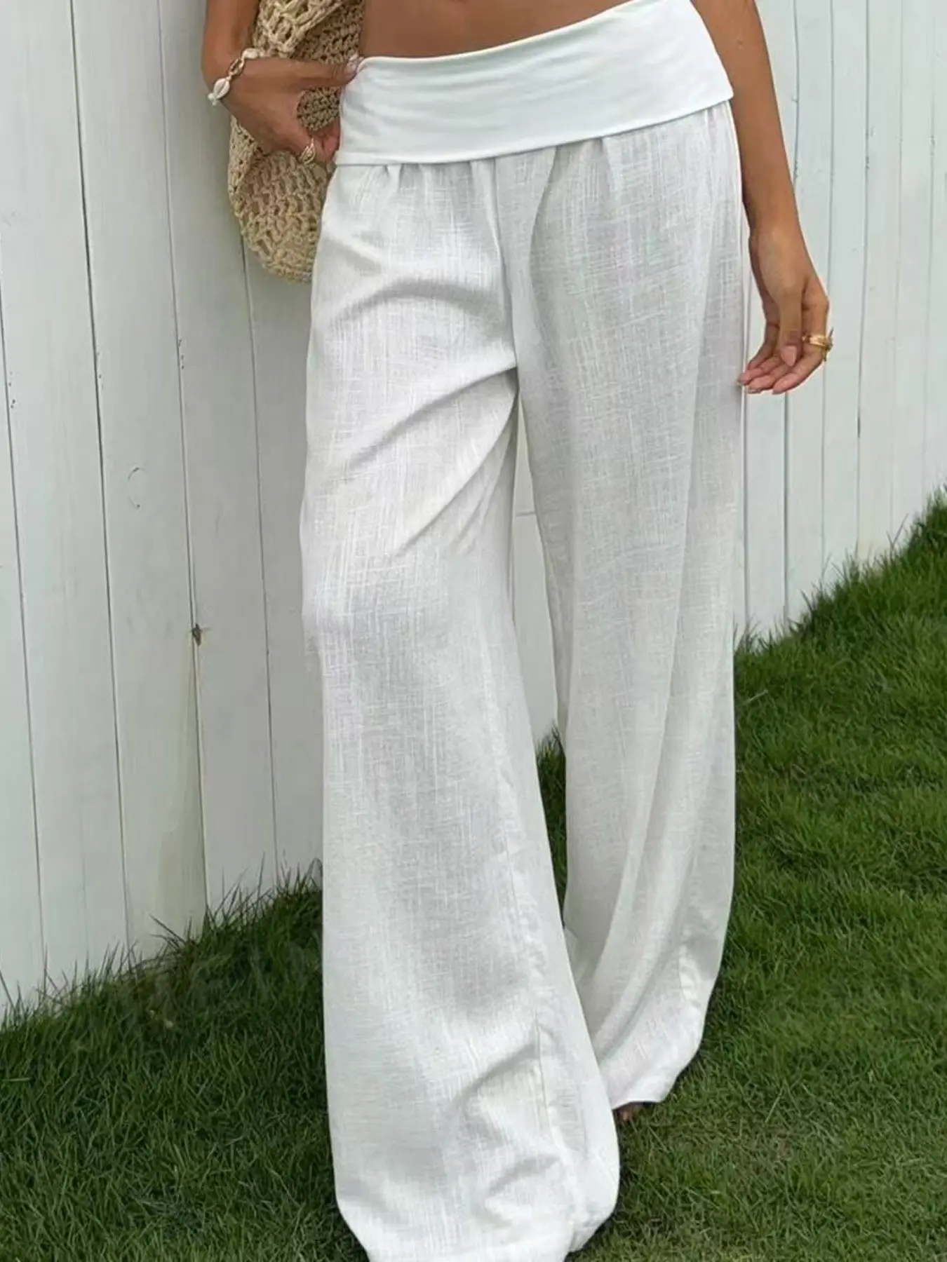 Summer Textured Turn-Down Waist Wide Leg Pants for Women, Lightweight Flowy Linen Feel Casual Long Pants, Vacation Style Comfortable Bottoms