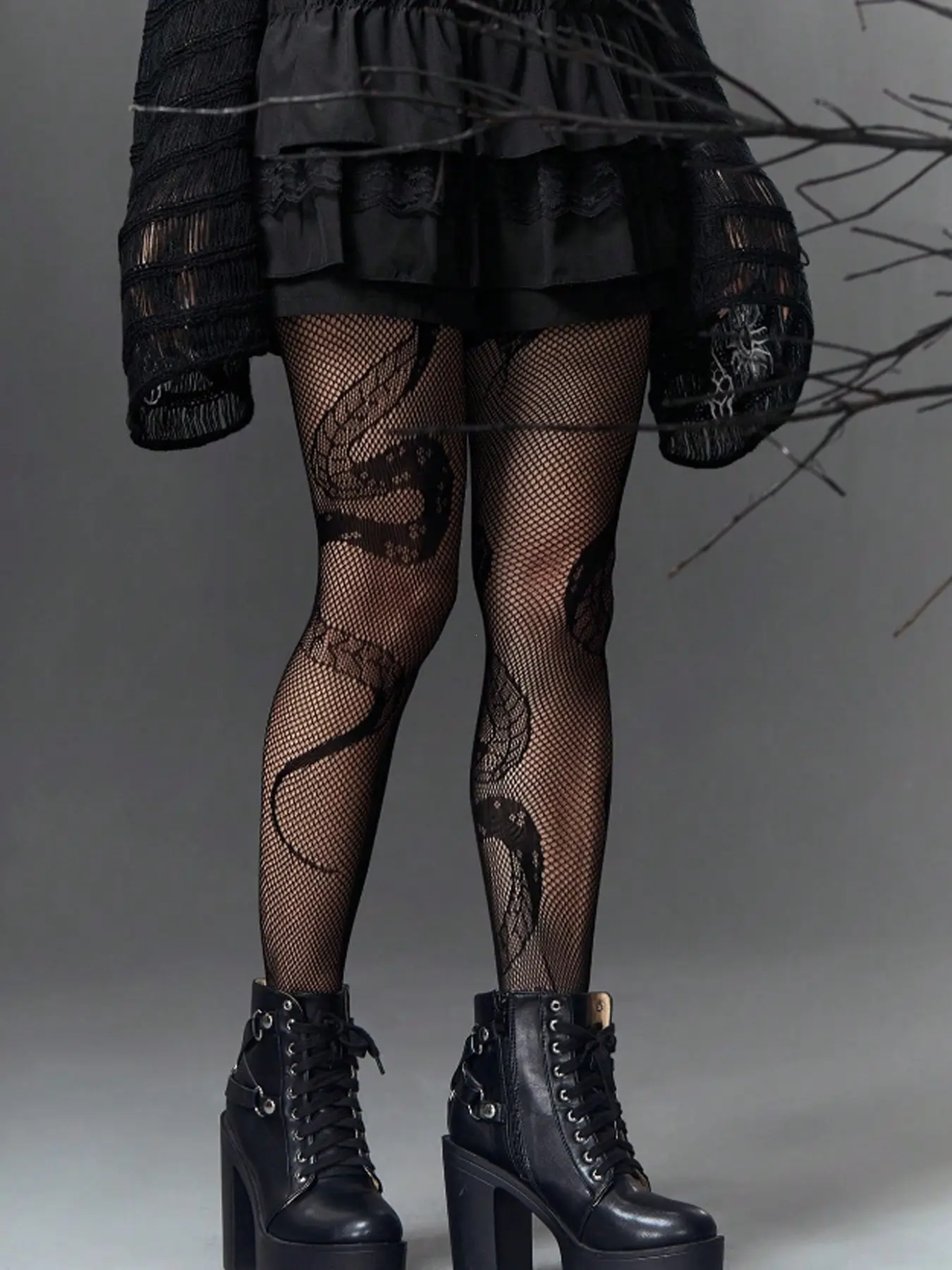 Women's Snake Pattern Casual Fishnet Stockings, Dark Style, Perfect for Halloween, High Waist, All Season Wear, Unlined Design