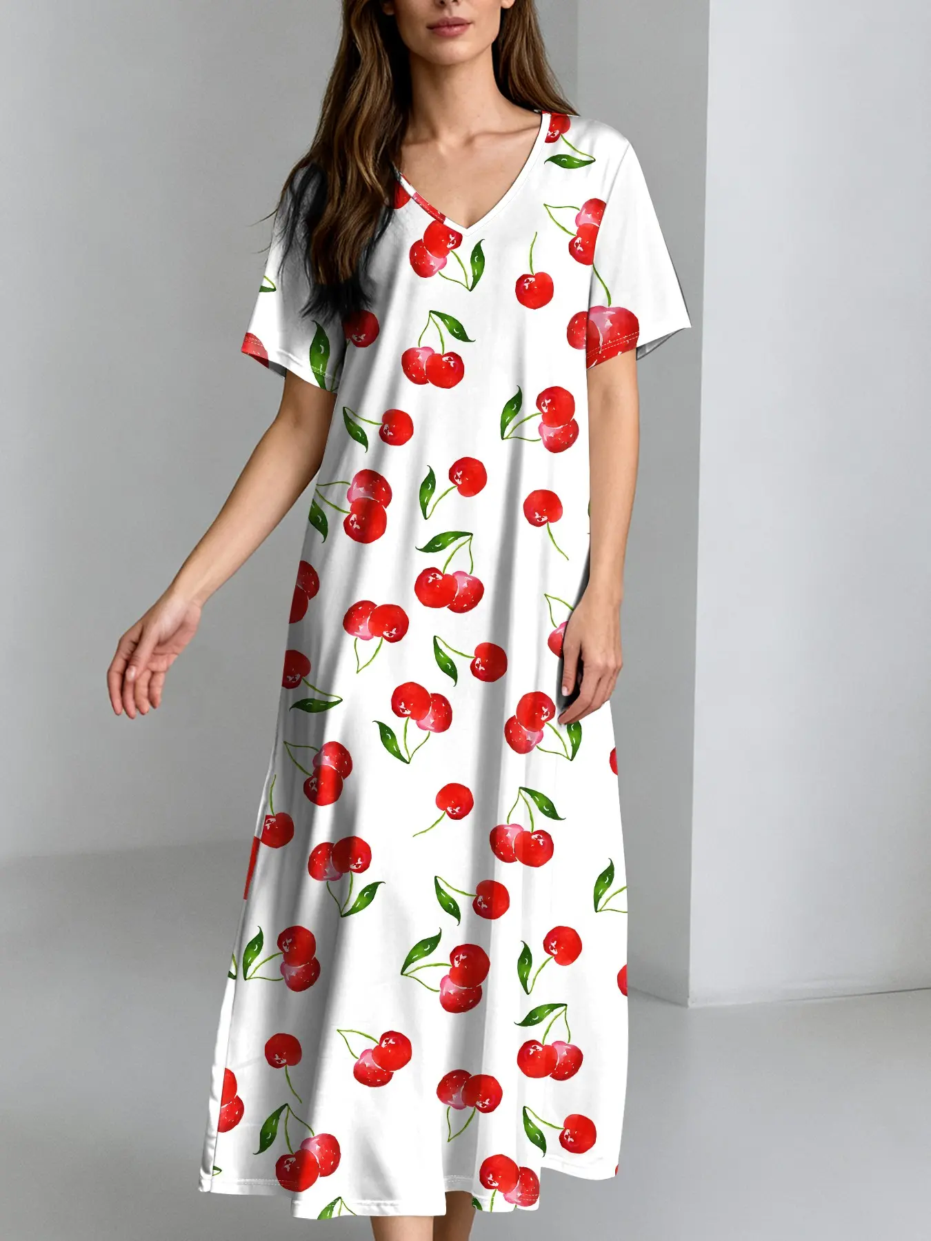 Cherry Print Women's Dress, V Neck Short Sleeve, Loose Fit, Mid-Length Casual Dress, Side Hidden Pockets, Multiple Flower Patterns
