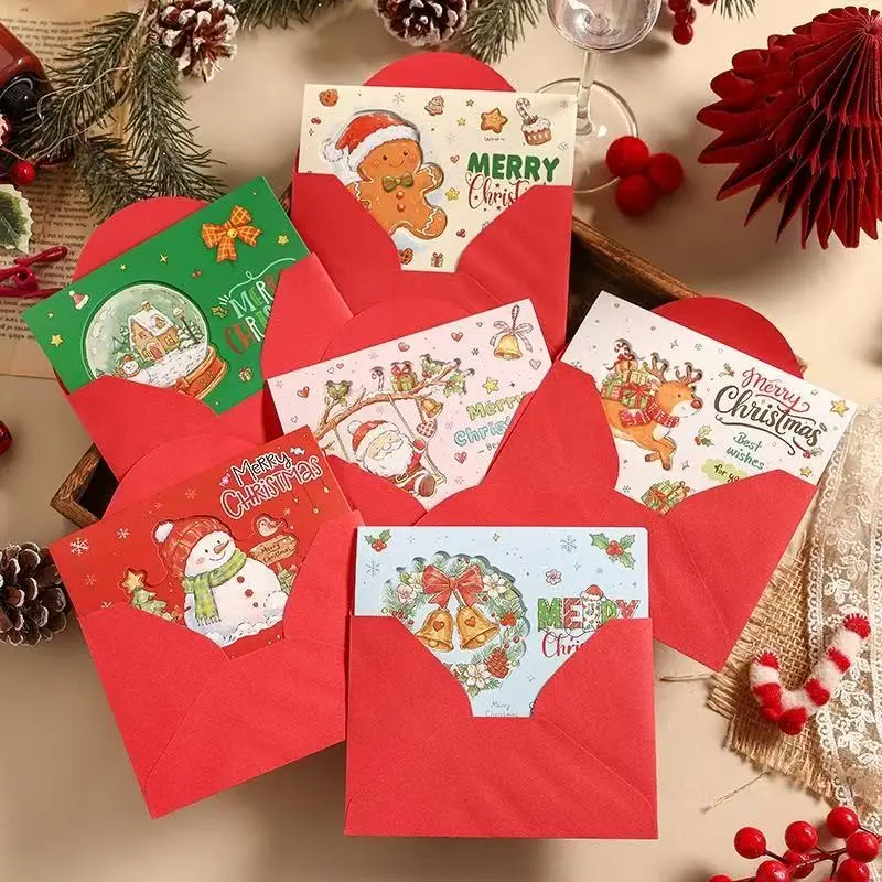 Christmas Gold Foil Card Envelope Set, 6 Cards + 6 Envelopes, New Year Creative Handwritten Cards, Three-Panel Greeting Cards for Kids