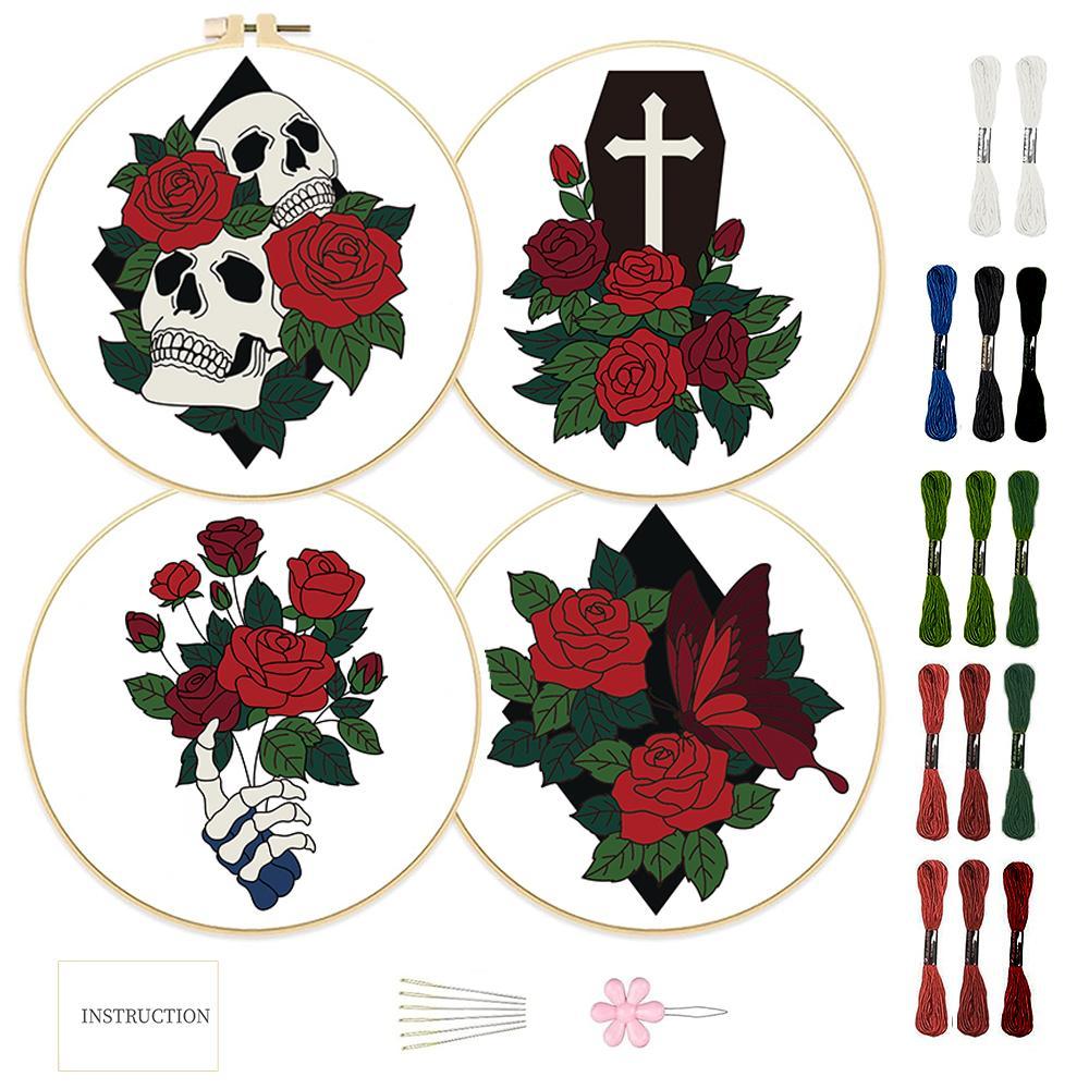Skull & Flower Pattern Embroidery Kit, 4 Counts/set Diy Embroidery Kit with Random Color, Tools & Instructions, Embroidery Supplies for Beginners, Embroidery Design