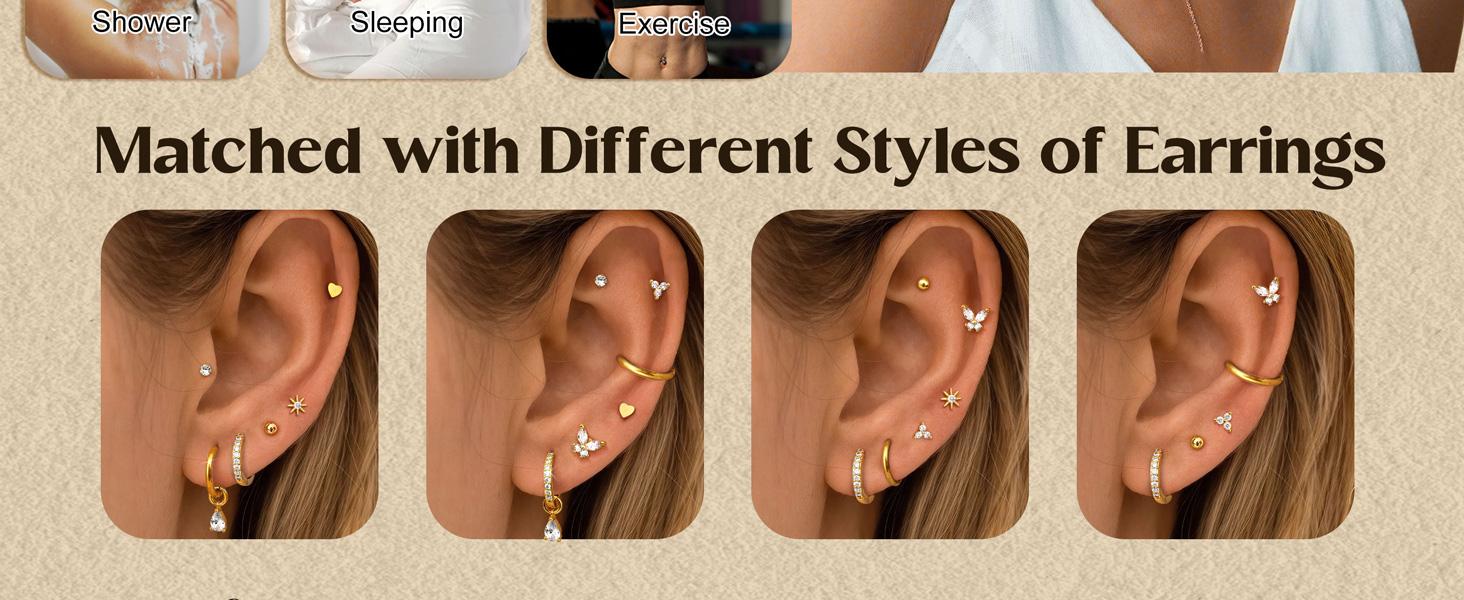 CASSIECA 10Pairs Earrings 14K Gold Plated Earrings for Women Hypoallergenic Surgical Steel Earrings Sensitive Ears Silver Flat Back Cartilage  Stacks with Charms for Multiple Piercing Jewelry