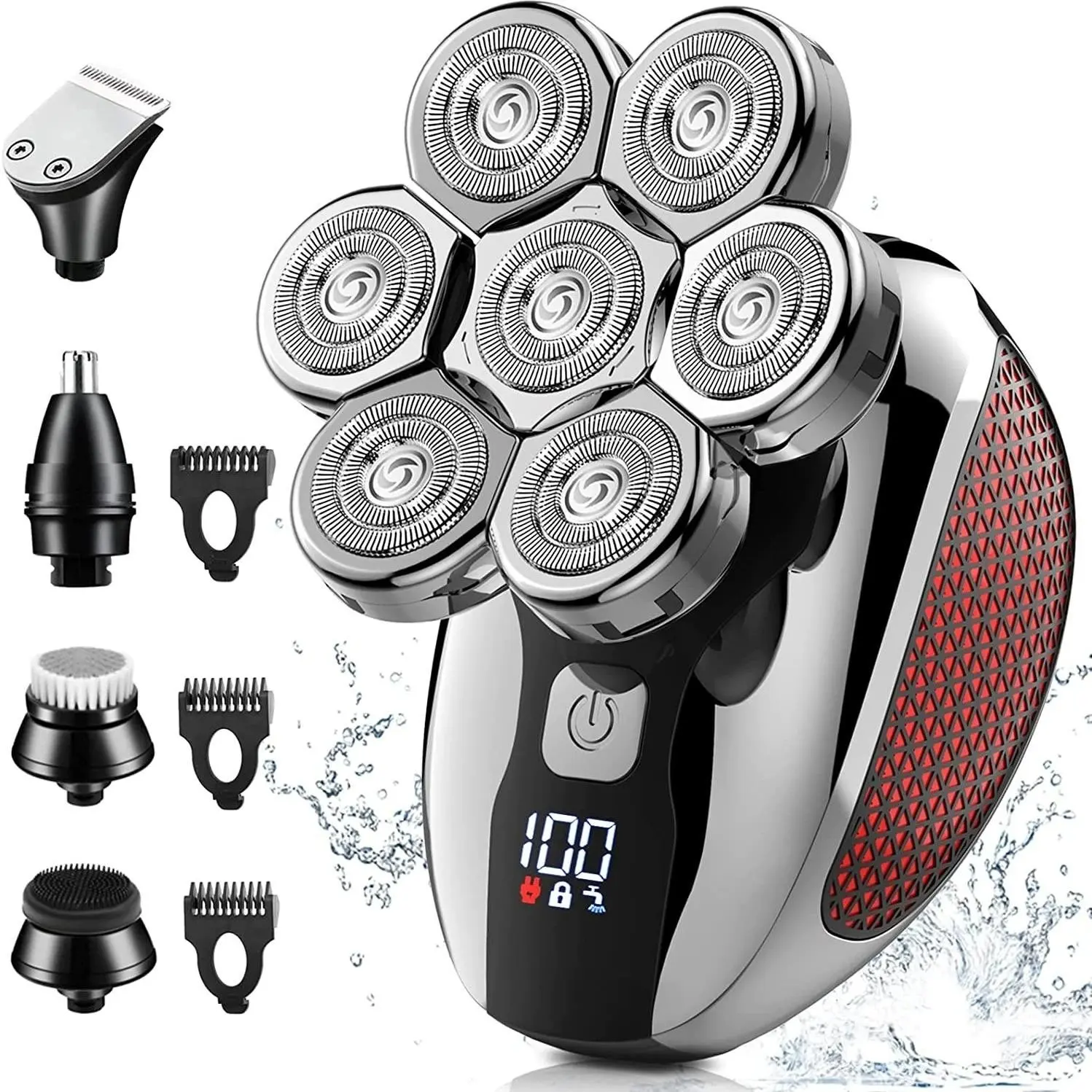 Men's 5-In-1 Electric Rechargeable Shaver, 7D Floating Bald Head Trimmer, Nose/ear Trimmer, Facial Cleaning Brush, Massage Function, Waterproof