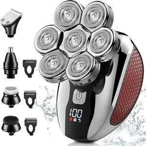 Men's 5-In-1 Electric Shaver, 7D Floating Bald Head Trimmer, Nose/ear Trimmer, Facial Cleaning Brush, Massage Function, Waterproof