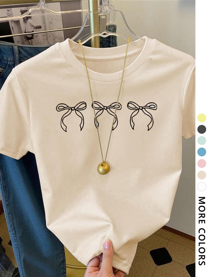 Women's Bow Print Round Neck Tee, Casual Cute Short Sleeve T-shirt for Summer, Ladies Clothes for Daily Wear, Top, Tshirt