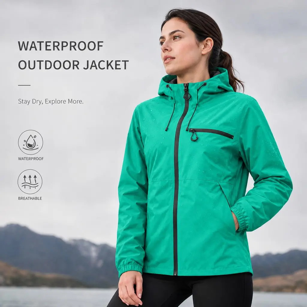 Women’s waterproof hardshell jacket for autumn/winter, windproof ripstop fabric, loose slim-fit design, breathable and moisture-wicking, functional multi-pocket design, suitable for hiking, camping, and city commuting.