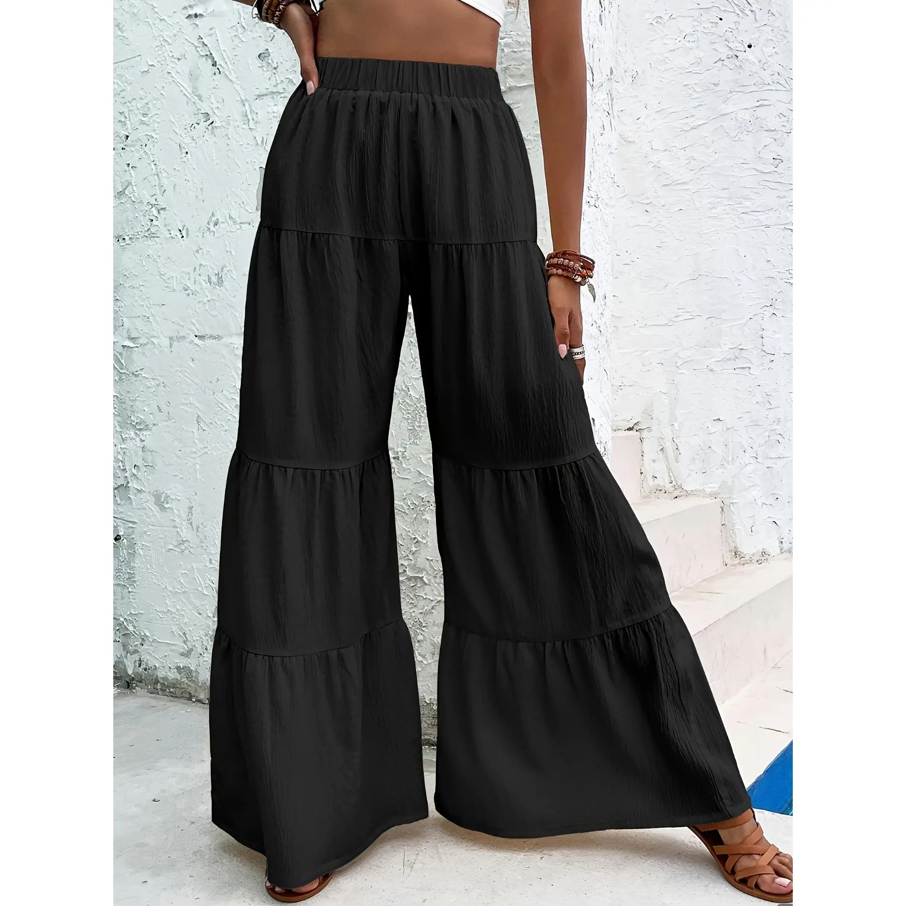 Women'S Flowing Bohemian Style High-Waisted Ruffled Wide-Leg Beach Pants