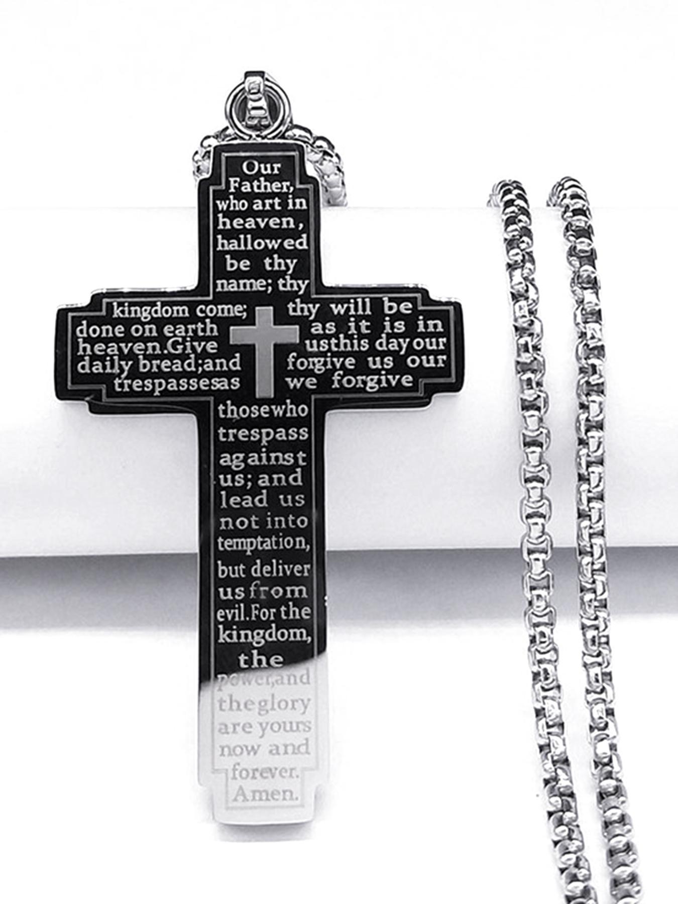 Christian Bible Cross Chain Necklace, Stainless Steel Pendant Necklace for Men, Religious Prayer to Jesus Cuban Cross Necklace