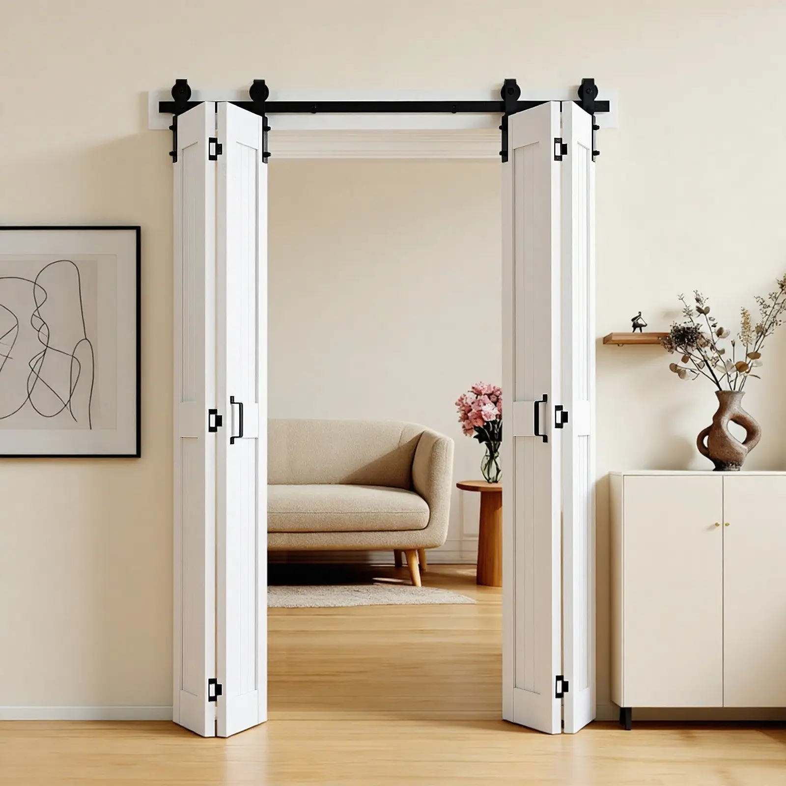 VEVOR Bifold Barn Door, 48" x 84", MDF Bi-Fold Sliding Closet Doors, Hardware Kit Included, H-Frame Space-Saving Design, Pre-Assembled Panels for Bedroom, Living Room, Wardrobe and Room Divider, Whit