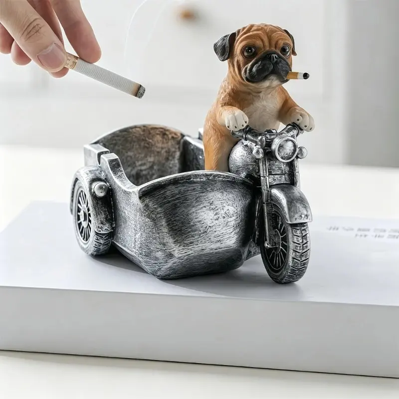 Decorative Pug Motorcycle Ashtray Funny Animal Statue Mens Gift Resin Ashtray For Long Lastings Durability Y5GB