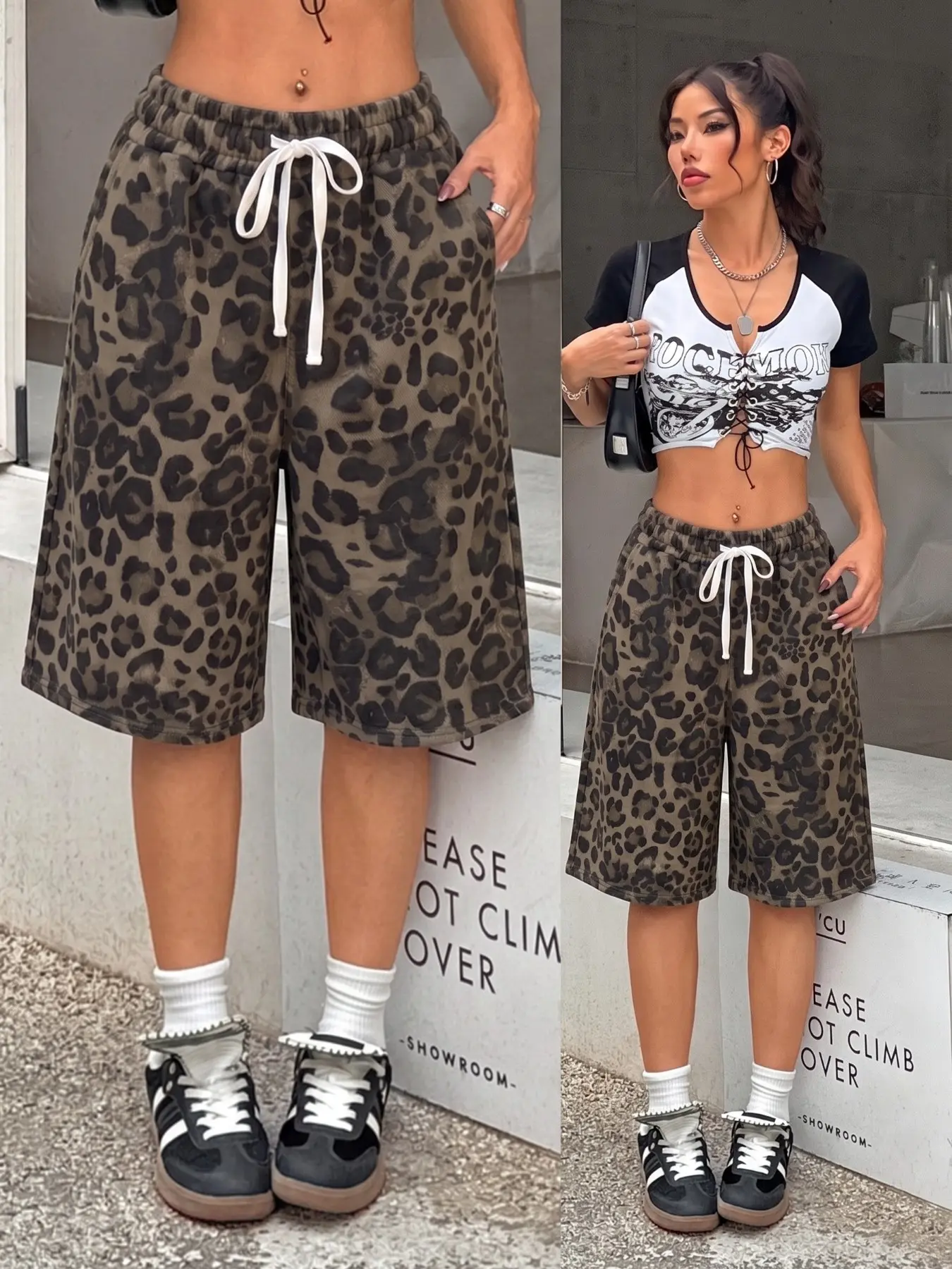 Women Coffee Base Leopard Print Bermuda Sweat Shorts, High Waist, Adjustable Drawstring Loose Wide Leg Knee Length Shorts With Side Pockets, Y2K Coquette Retro Streetwear Casual Bottoms, Elastic Waist Shorts