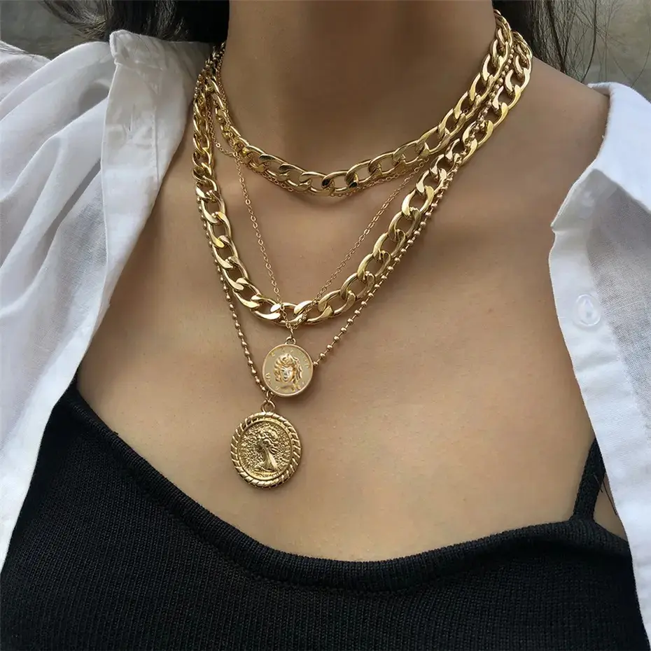 Silver Layered Necklace for Women, 5-Piece Retro Boho Set with Chunky Chains & Coin Pendants, Multi-Size Alloy Finish for Parties, Exquisite Chain Jewelry, Beads, Five Pieces