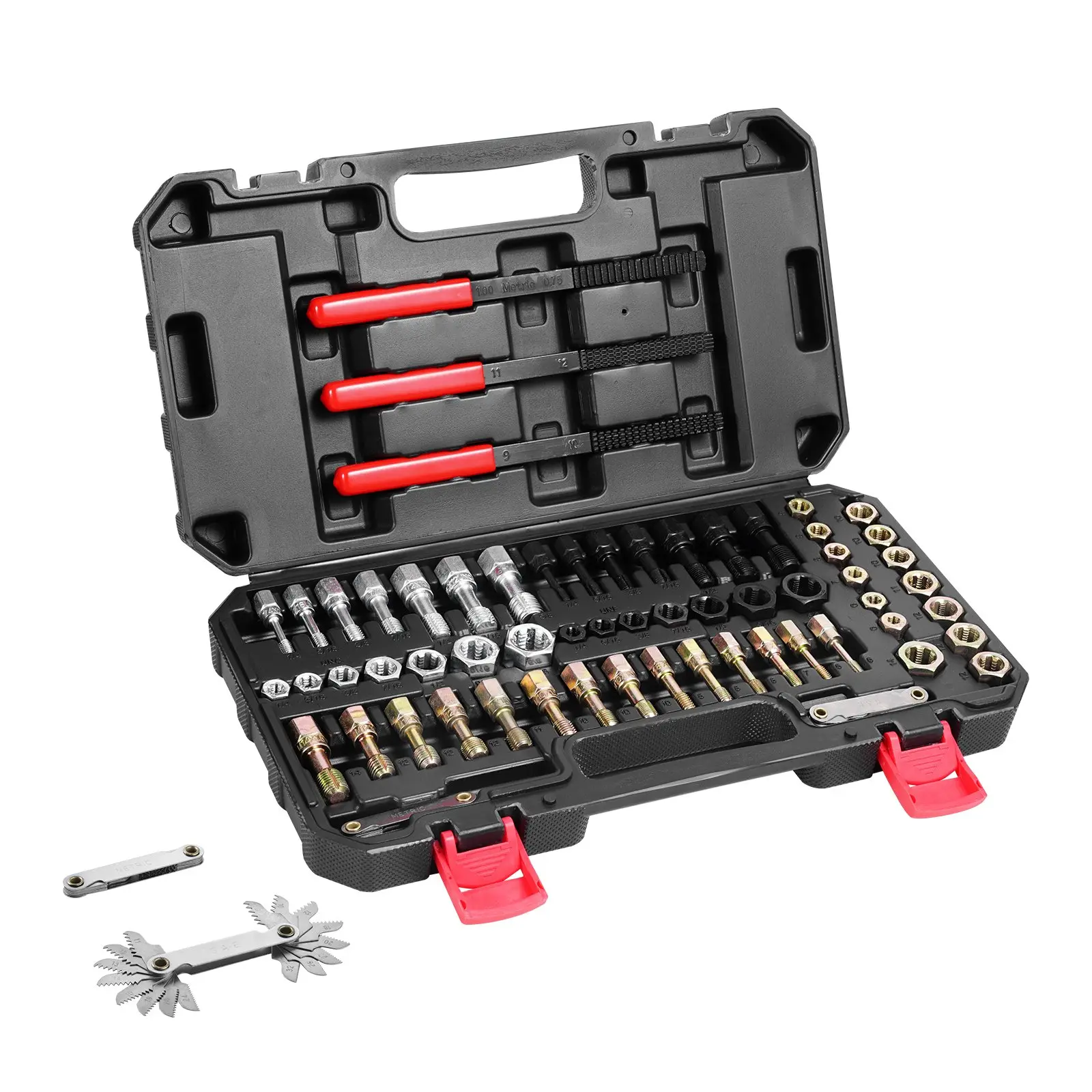 【toolupgrade】VEVOR 61-Piece Thread Chaser Set, UNC UNF and Metric Thread Restorer Tool, Rethreading Tool Kit with 28 Taps 28 Dies 3 Thread Files Storage Case, Heat Treated Steel, for Mechanics DIY Enthusiasts