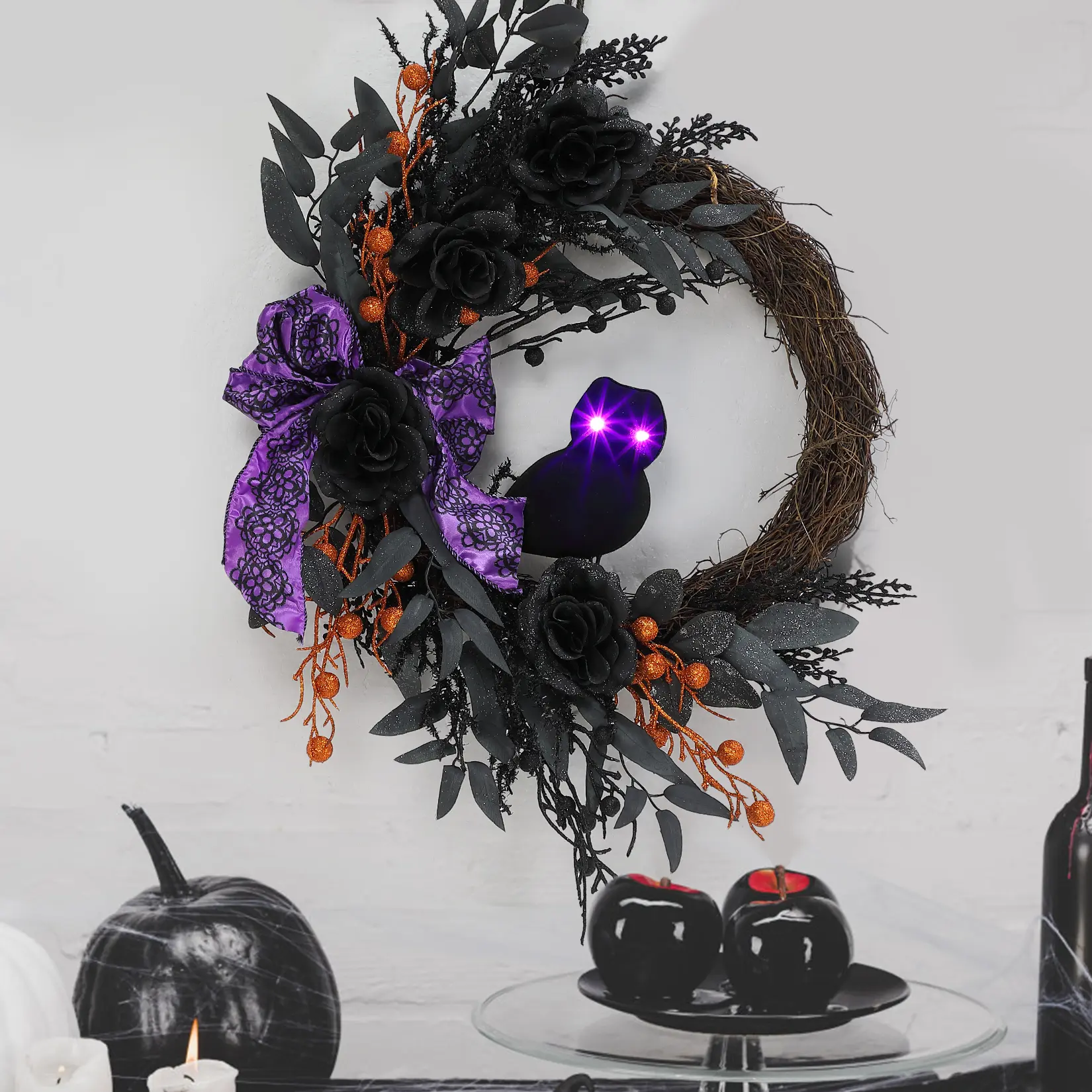 22 Inch Prelit Halloween Wreath – Black Owl Wreath with Lighted Eyes, Willow Leaves & Artificial Flowers for Front Door, Wall, Window & Indoor Decor